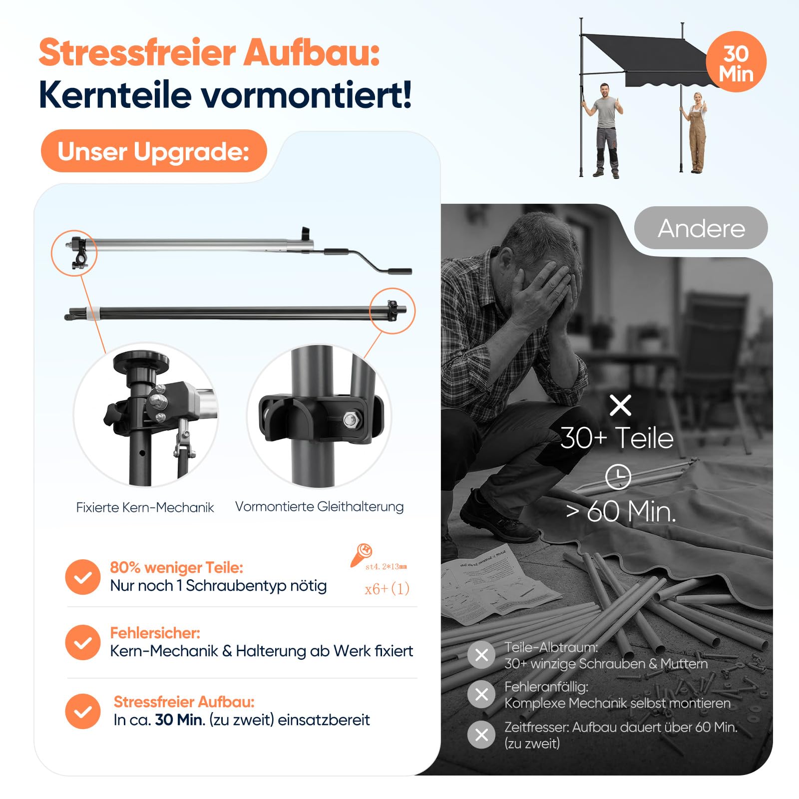 Sekey Klemmmarkise 300 cm breit, Markise Balkon ohne Bohren mit Handkurbel, 130 cm Ausfall, 0-90° neigbar, UV-beständiger Sonnenschutz & wasserdicht (280g/m²), für Balkon, Terrasse & Garten, Anthrazit