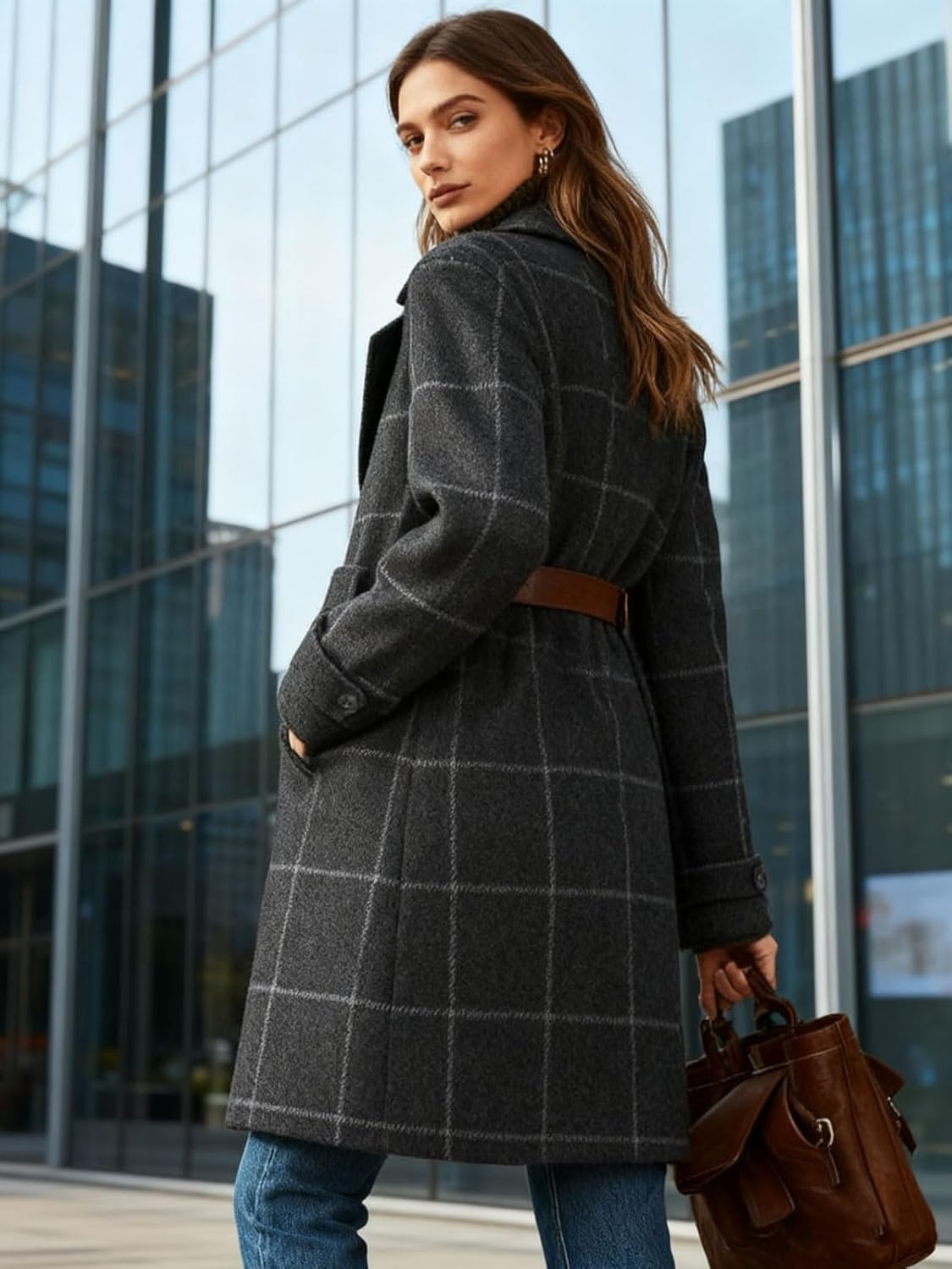 utcoco Women's Plaid Trench Coat Vintage Mid Length Notch Lapel Single Breasted Winter Wool Blend Outerwear - Image 4