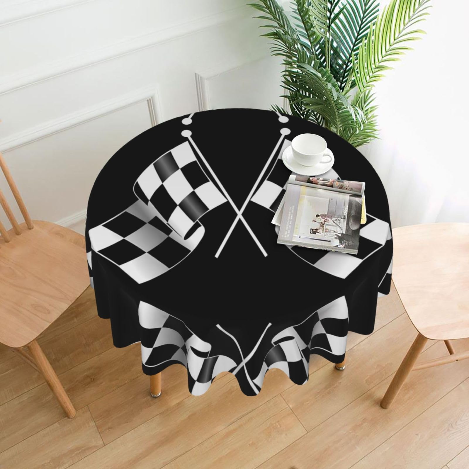 hhxvcv Black White Formula Checkered Flags Pattern Round Tablecloth – Dining Table Cover