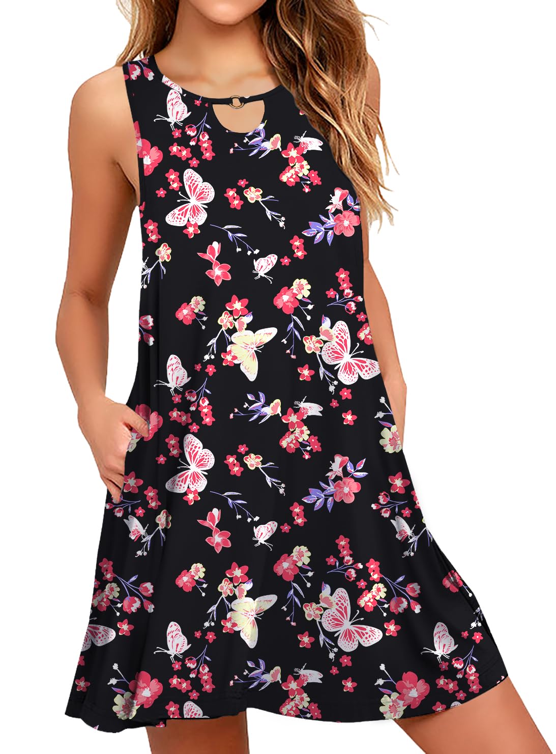 WEACZZY Women's Summer Casual Boho Swing Mini Dresses Chic Hollow Crewneck Beach Cover up Tshirt Dress with Pockets