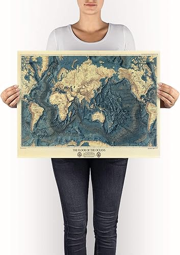 Miniatura 9 de Mapa de los Mundos Pisos Oceánicos y Alivio de la Tierra. 1976. Hardware de Restauración Vintage Estilo Home Deco Old Wall Reproducción mapa Imprimir