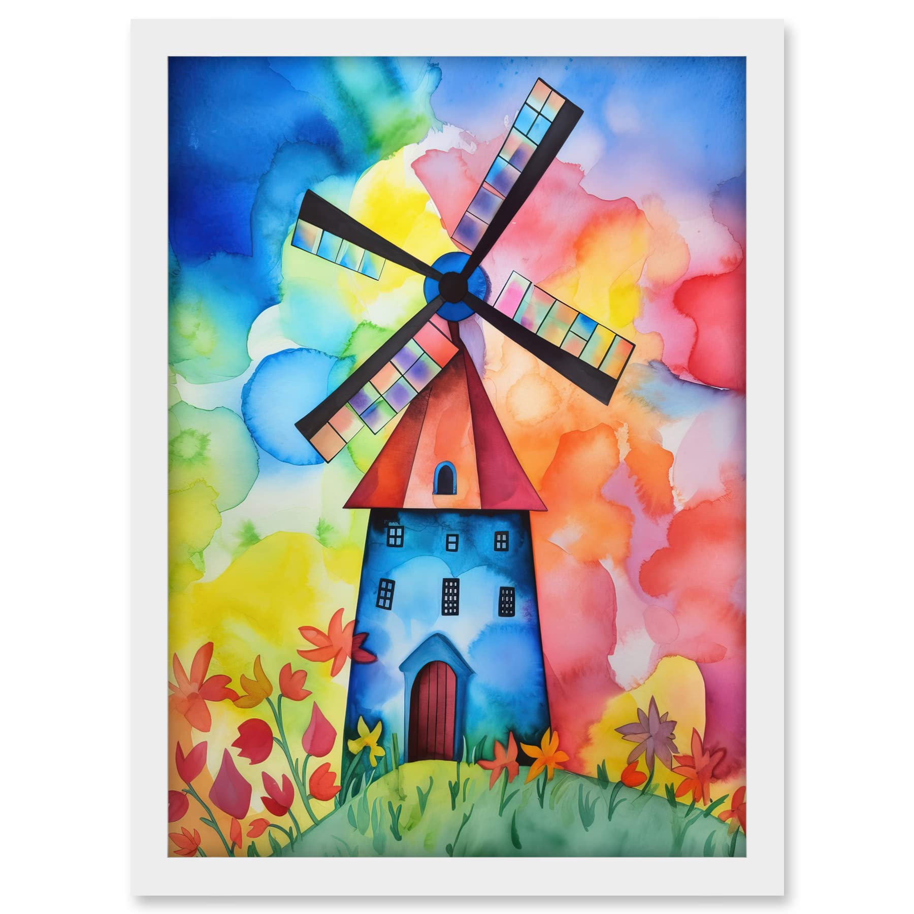Artery8 Watercolour Windmill Netherlands Folk Art Artwork Framed A3 Wall Art Print