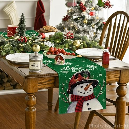 Miniatura 2 de Artoid Mode Camino de mesa de invierno con muñeco de nieve verde Let It Snow, decoración de mesa de comedor de cocina de Navidad para decoración de