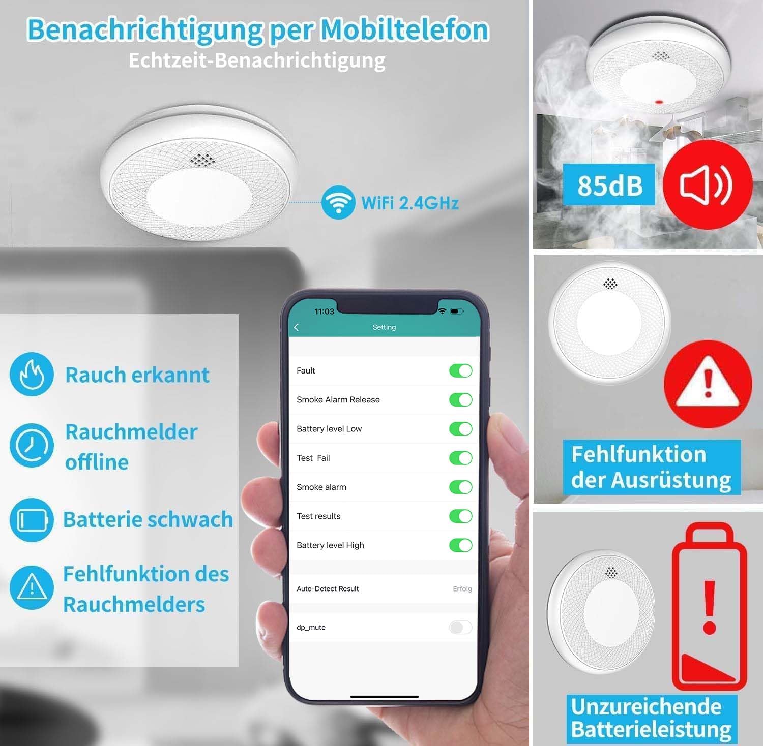 Safeliveo Rauchmelder WLAN 10 Jahre Batterie mit App Benachrichtigung, Stummschaltung und Selbsttest Funktion ，Entspricht DIN EN 14604(Kompatibel mit Tuya/Smart Life APP)-5 Stück