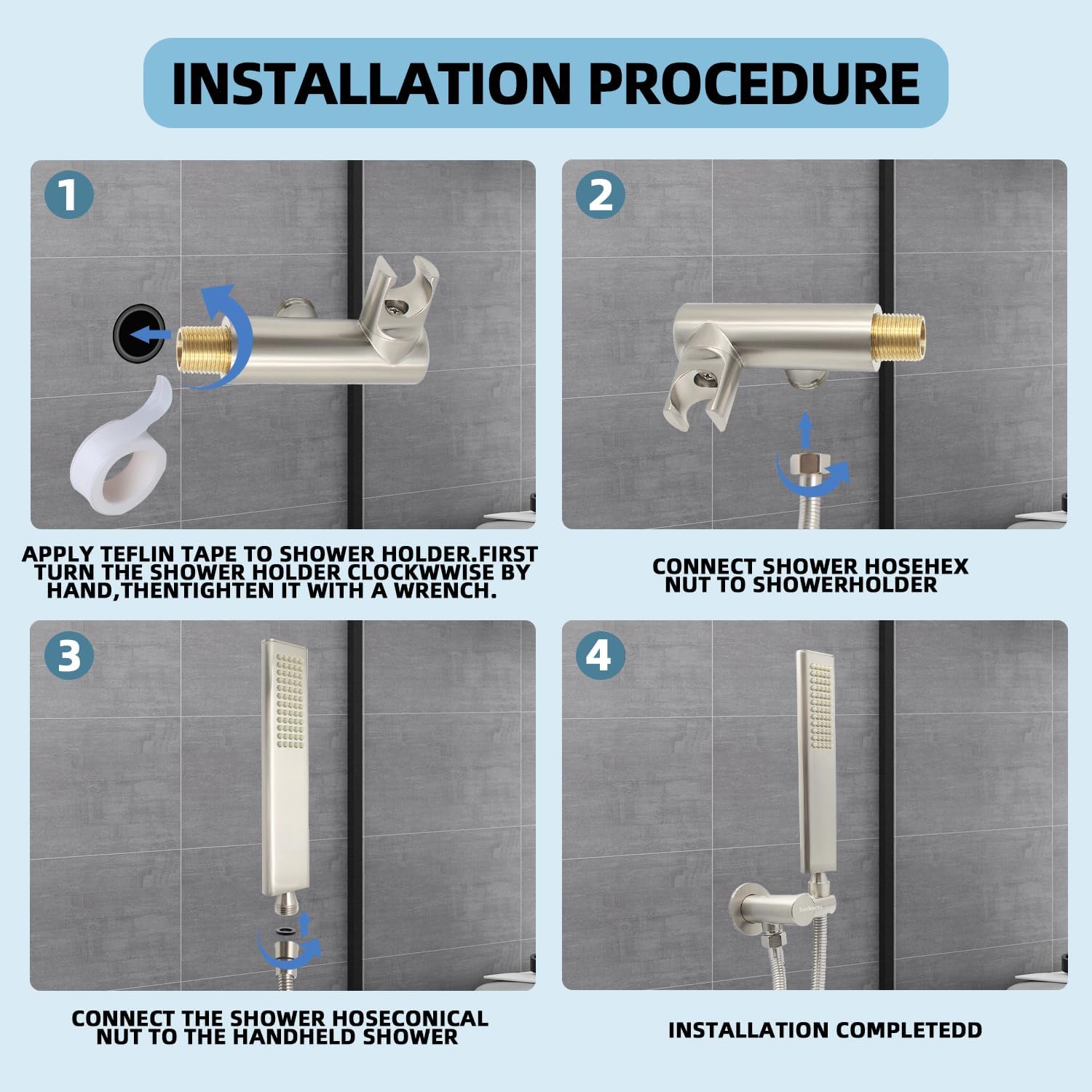 Solid Brass Handheld Shower Head Arc Design High Pressure Brushed Nickel Hand Shower Wand with Adjustable Supply Elbow Wall Connector Shower Holder and 59″ Stainless Steel Hose Set