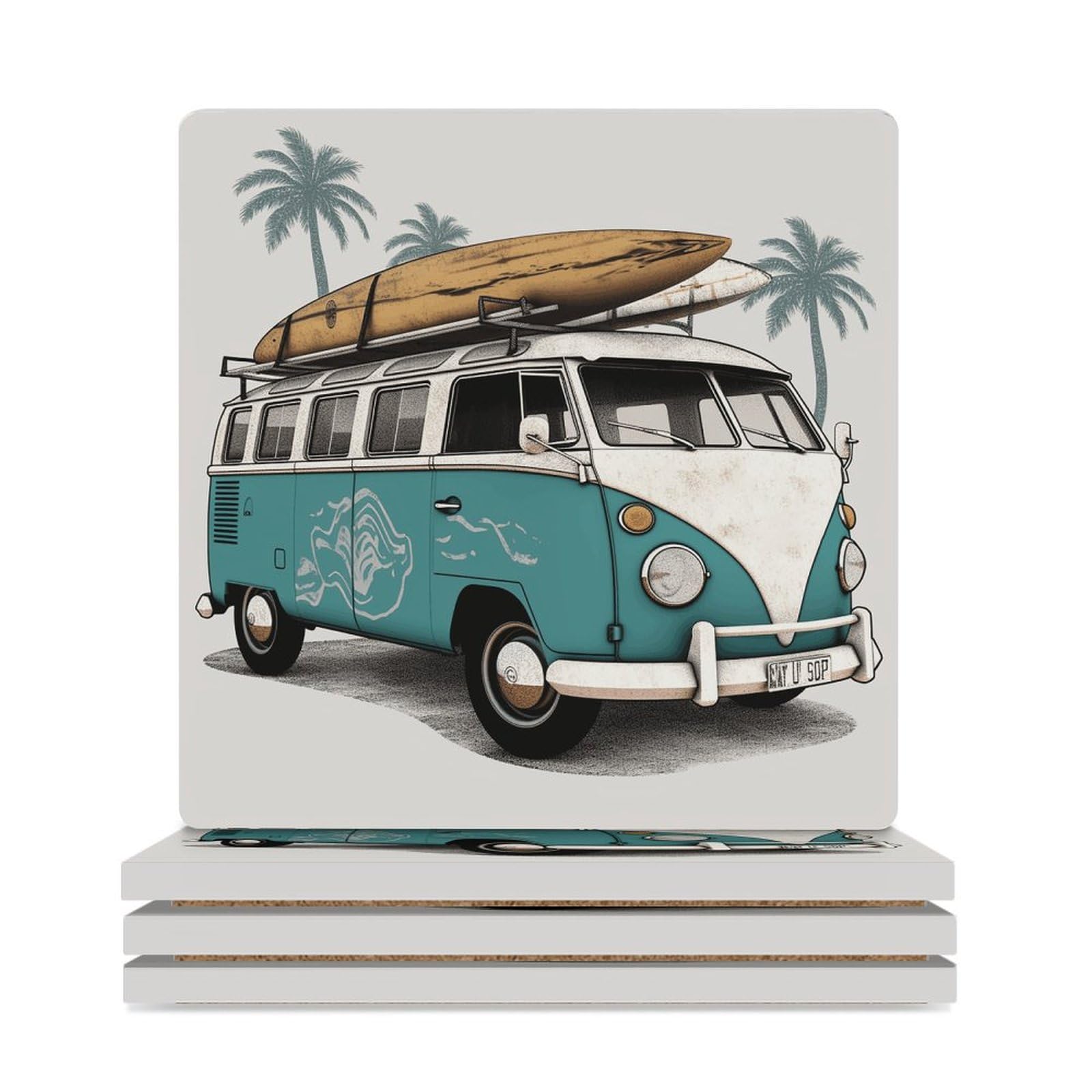 Coasters for Drinks Classic Old Bus with Surfboard Round Coaster Set of 4PCS Ceramic Coaster with Holder Coaster Heat Resistant Non-Slip Cup Mat Pad Coffee Decorative Coasters for Living Room Kitchen