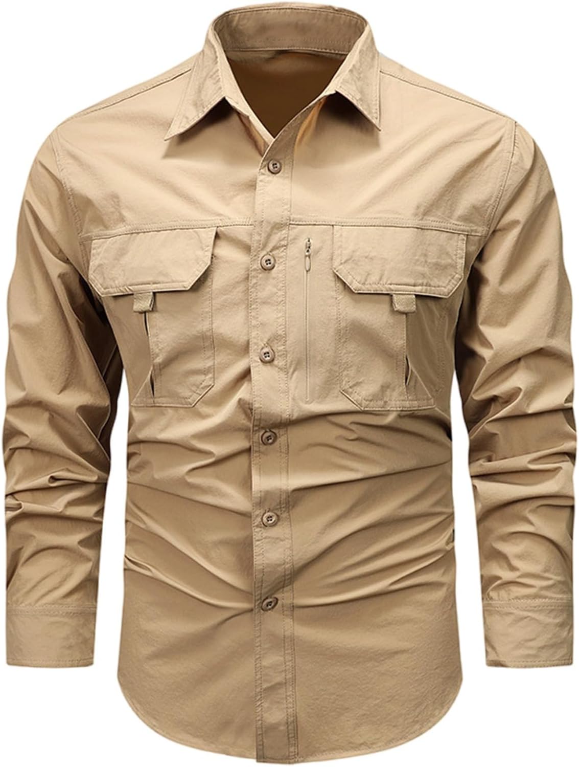 Mens Cargo Tactical Shirts Long Sleeve Button-Down Work Shirt Ripstop Military Dressy Casual T Shirts with Multi Pockets