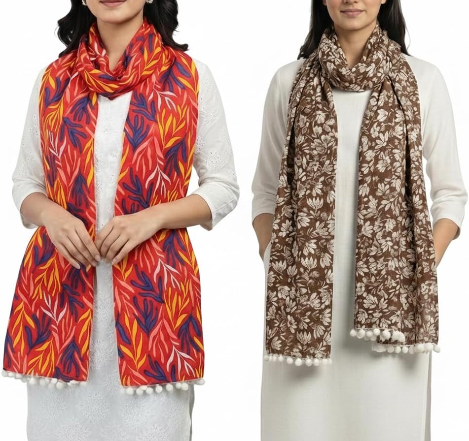 MARIKA TEXTILES 2 PC Cotton Scarves Combo | 100% Cotton Lightweight Shawl | Orange & Brown Printed Scarf | Women’s Long Wrap Stole Gift