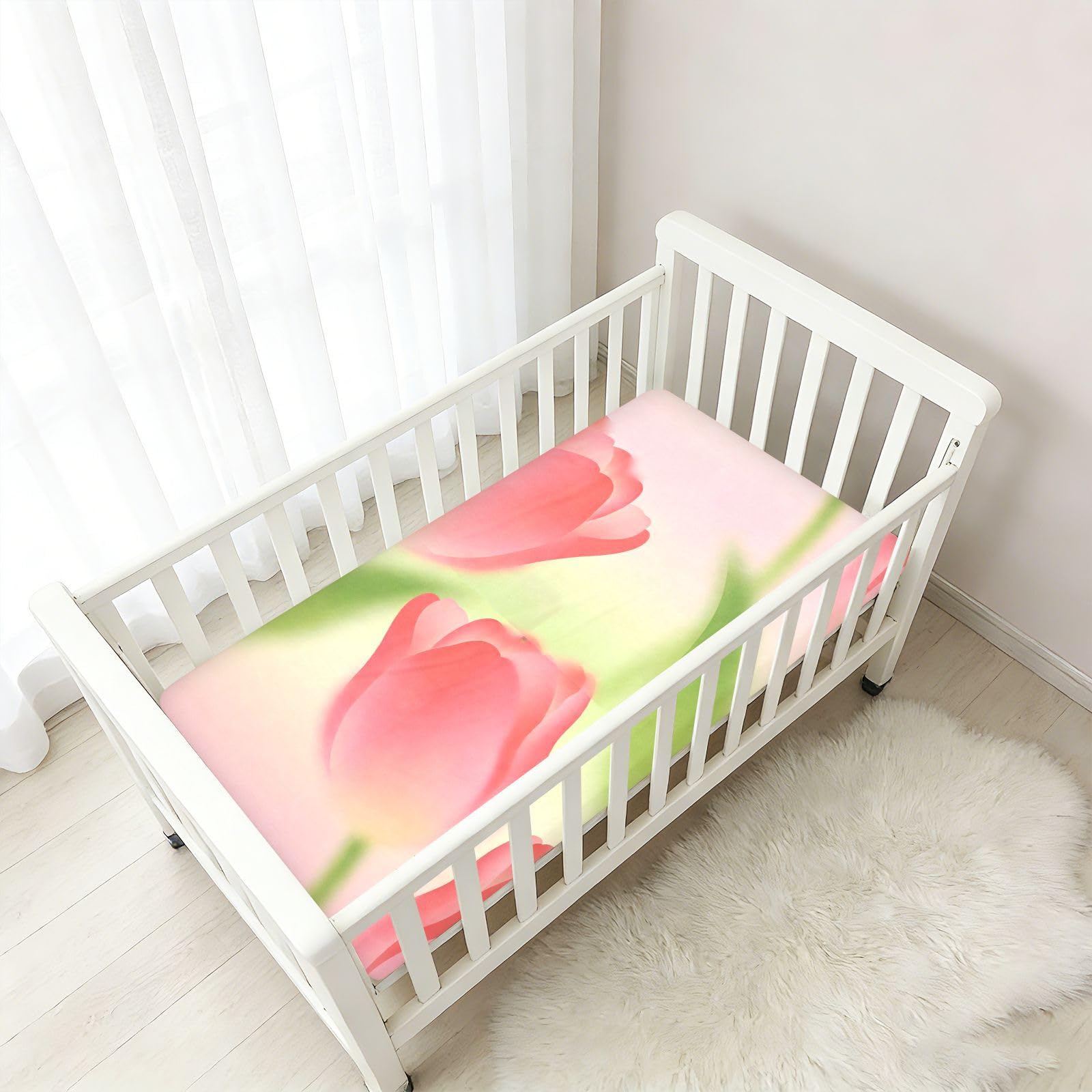 Sábanas para cuna de bebé con patrón verde de tulipanes rojos primaverales para niños y niñas, sábanas de algodón suaves y transpirables para decoración de guardería, 1 paquete de decoración para cuna