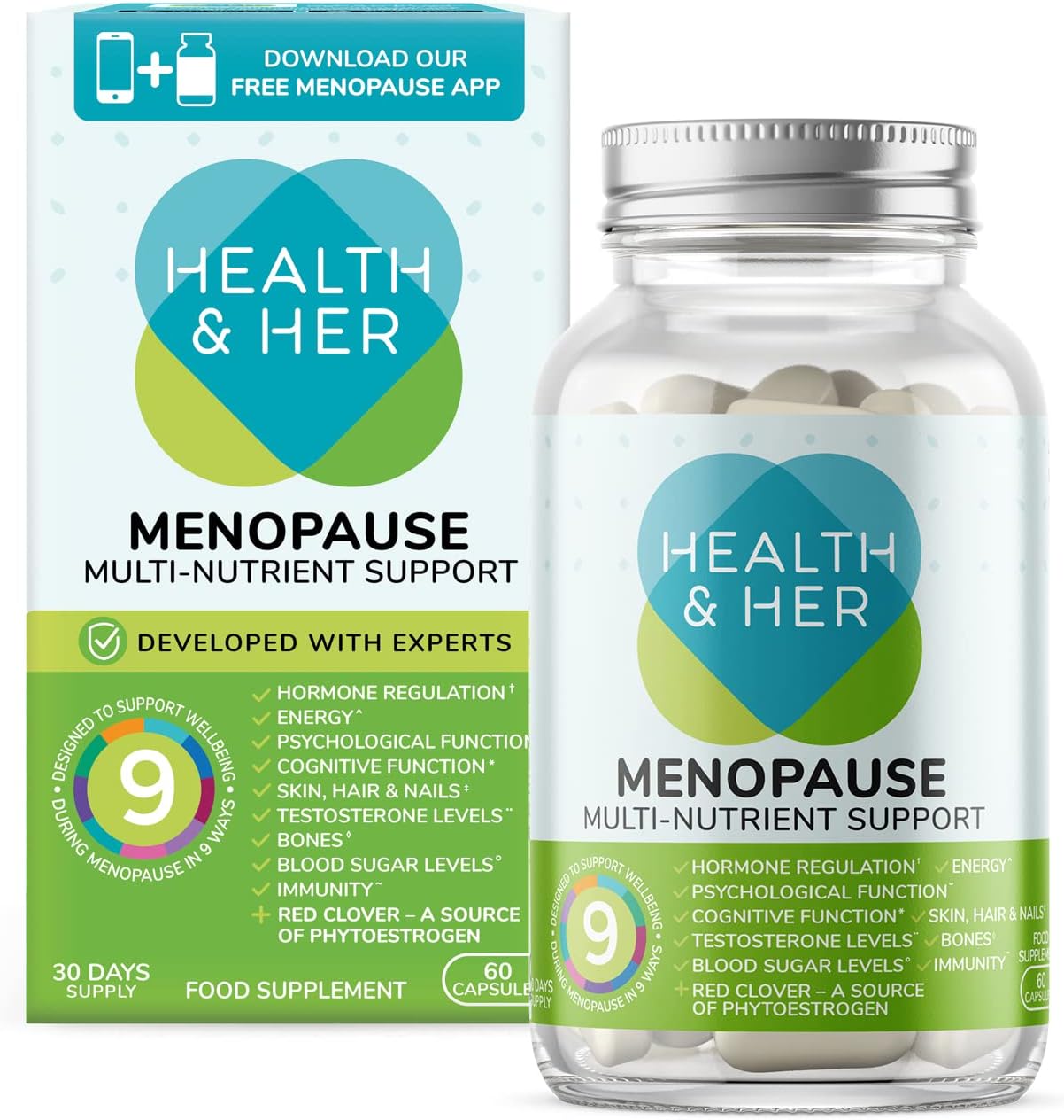 Health & Her Menopause Supplement, 9-in-1 Daily Multivitamin for Women with Ashwagandha & Red Clover, Vegan & Gluten Free
