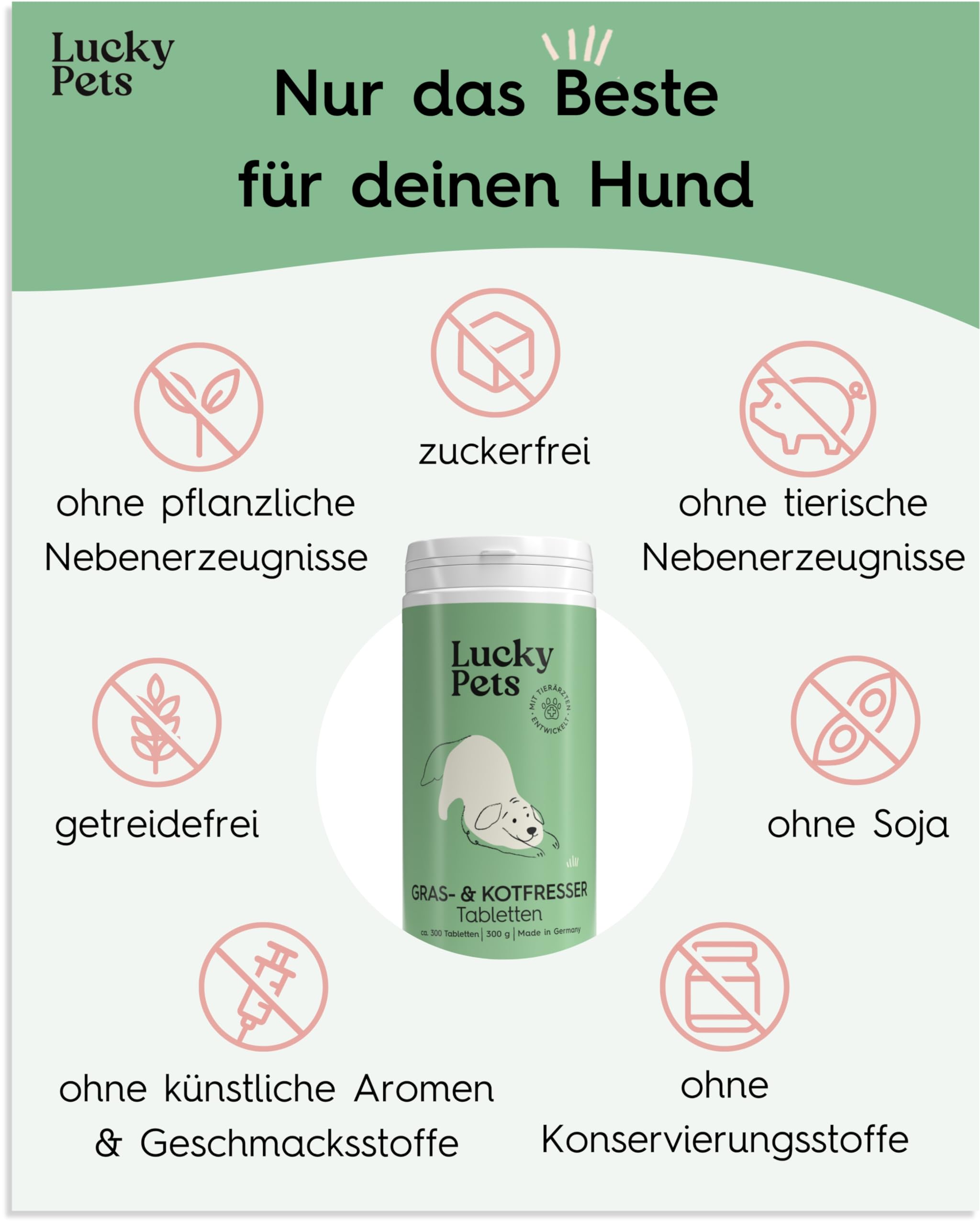 Lucky Pets Gras- & Kotfresser Tabletten Hund – 100 % pflanzlich und magenschonend – Mit Ulmenrinde und Heilerde – Gras und Kotfresser Drops Hund gegen Fressverhalten bei Nährstoffmangel