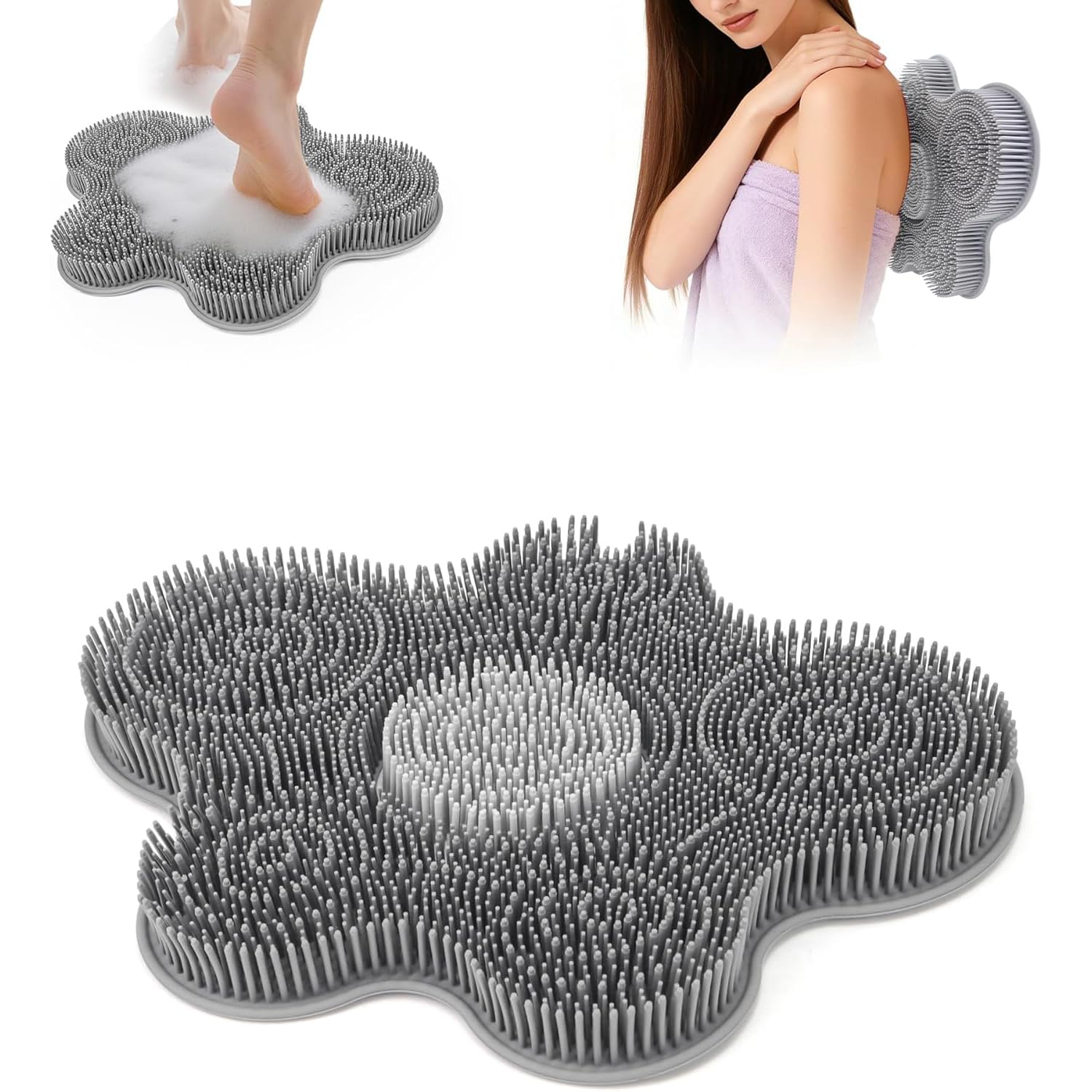 lavapiedi per Doccia, 14.2 * 11.2in Tappetino in Silicone per Doccia lavapiedi, Antiscivolo con Ventose per Lavapiedi, Spazzola per Piedi per Cura e Pulizia Profonda (Grigio)