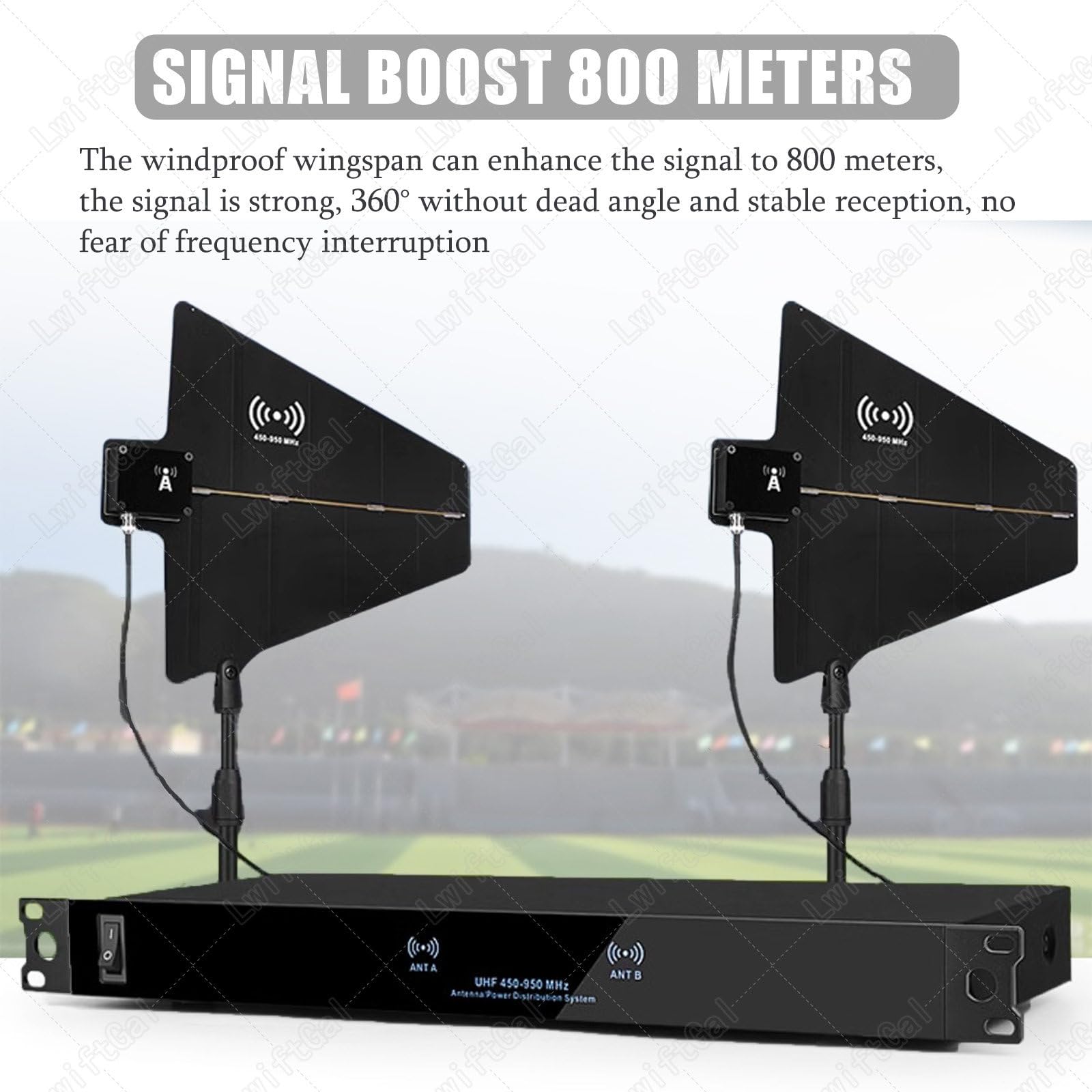 Sistema di distribuzione dell'alimentazione per antenna UHF, amplificatore di segnale microfono wireless, 8/16 porte di ingresso, gamma di frequenza 450-950 MHz, miglioramento del segnale fino a 800 m