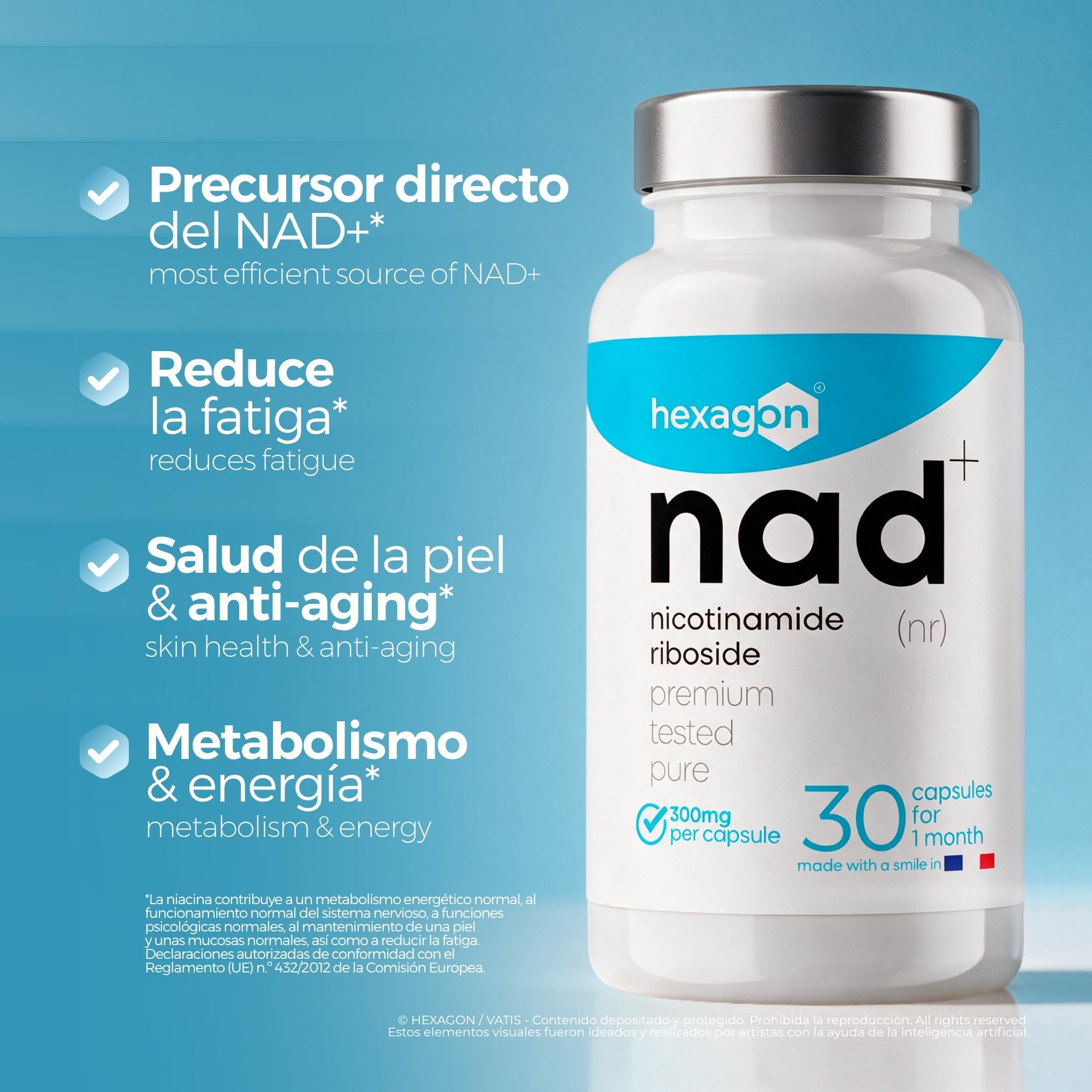 NAD+ Nicotinamide Riboside Chloride 300mg - +1 Mes de Cura - Contra la Edad y la Fatiga, NAD Booster - Polvo Puro, 30 Cápsulas - Grado Farmacéutico - Vegano - Hexagon (Paquete de 2)