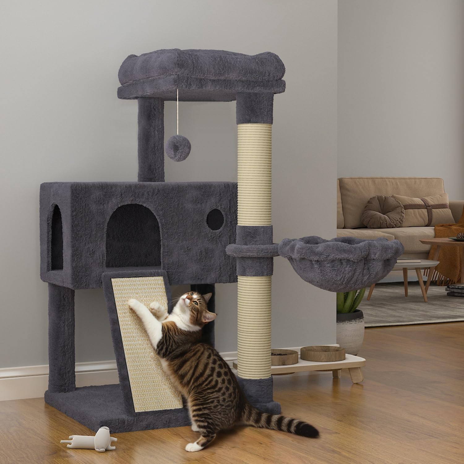 SHA CERLIN Cat Tree 36 Inches Cat Tower with Hammock, Sisal Scratching Post for Indoor Kittens, Small Room, Smoky Grey