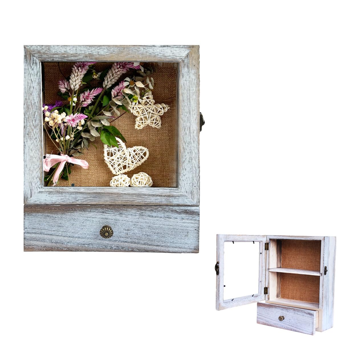 LITAITAI 8.6x11 Deep Shadow Box Frame, Wooden Display Case with Linen Board & Clear Acrylic Door - Distressed White - Medium - Wall Mounted,Collect Medals,Coins,Pictures,Flowers,Weddings (White)