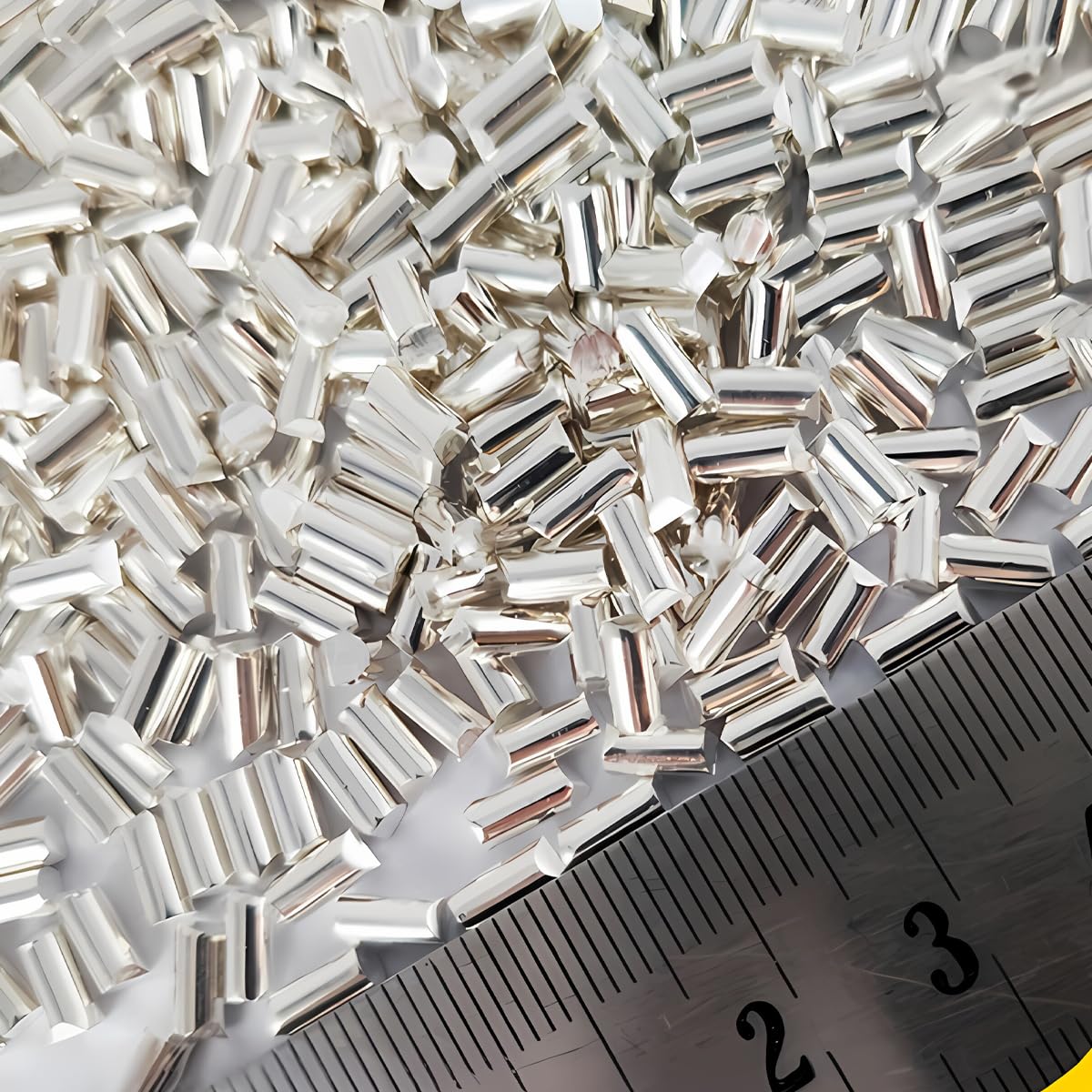 100 gramów srebrnych cząstek metalu - czystość 99,999%, 3 mm x 6 mm do powlekania próżniowego, badań laboratoryjnych, wyrobu biżuterii, elektroniki i nie tylko