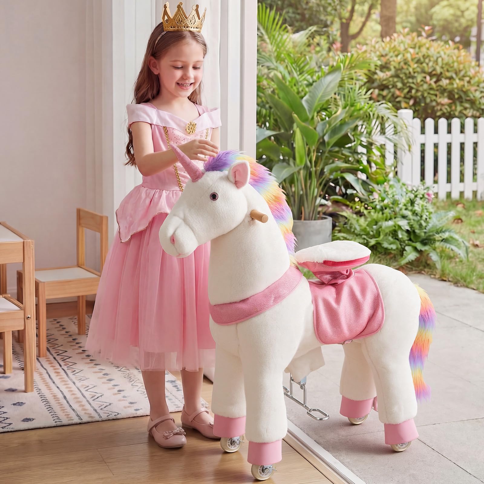 VEVOR Unicorno Cavalcabile per Bambini, Cavallo Giocattolo Cavalcabile con Ruote, Senza Batterie, Anello Anti-Ribaltamento, Sedile Rialzato, Maniglie e Pedali, Carico Massimo 80kg, Per Bambini 6+ Anni