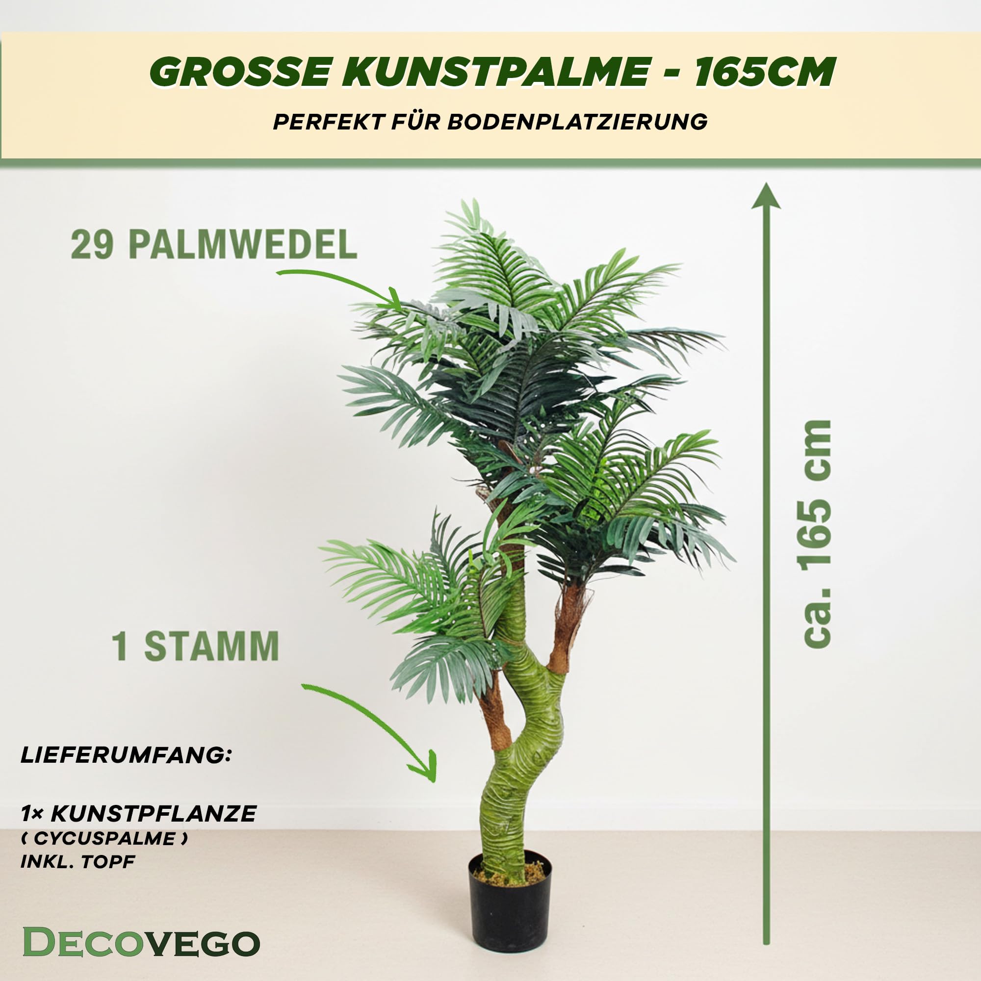 Amazon.de: Decovego Knstliche Cycuspalme 165 cm, Kunstpalme mit biegsamen  Wedeln, Pflegeleichte Kunstpflanze im Topf fr Innenrume