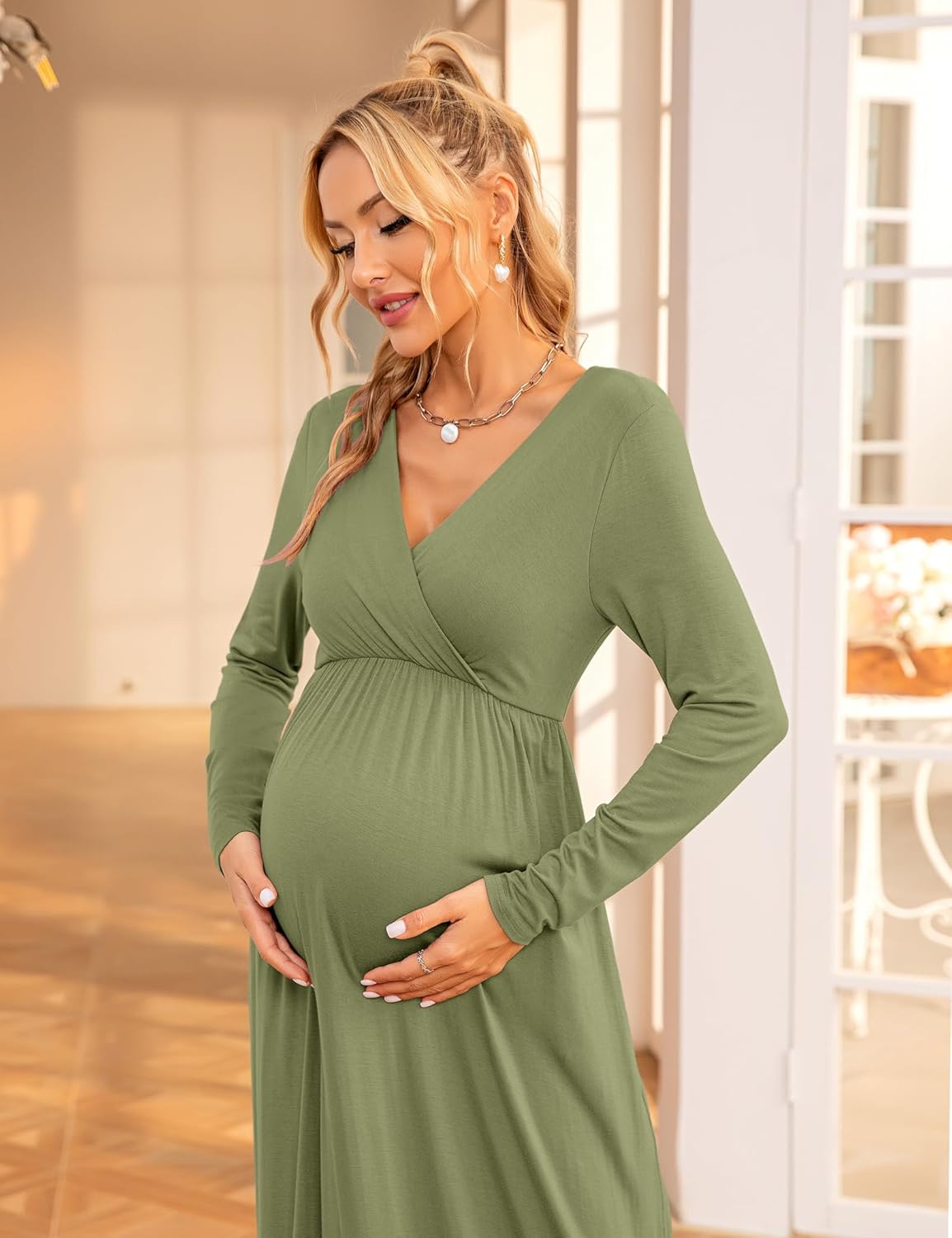 2025 Fall Maternity Maxi Dresses Flowy Long Sleeve Wrap V Neck Elegant Baby Shower Pregnancy Dress Maternity Shoot Outfits Olive Green S - Image 2
