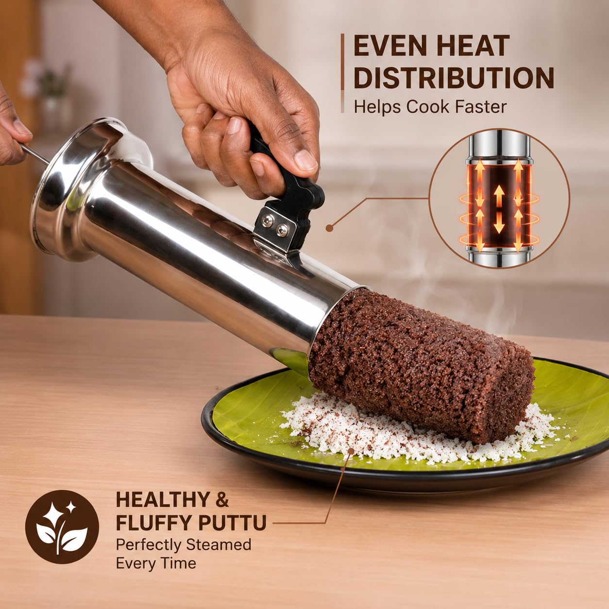 Nakshathra Stainless Steel Puttu Maker with Steamer 3 Plus 1 Free Extra Big with Caps, Puttu Kudam with Bakelite Handle, Induction & Gas Compatible, Toxin Free 2