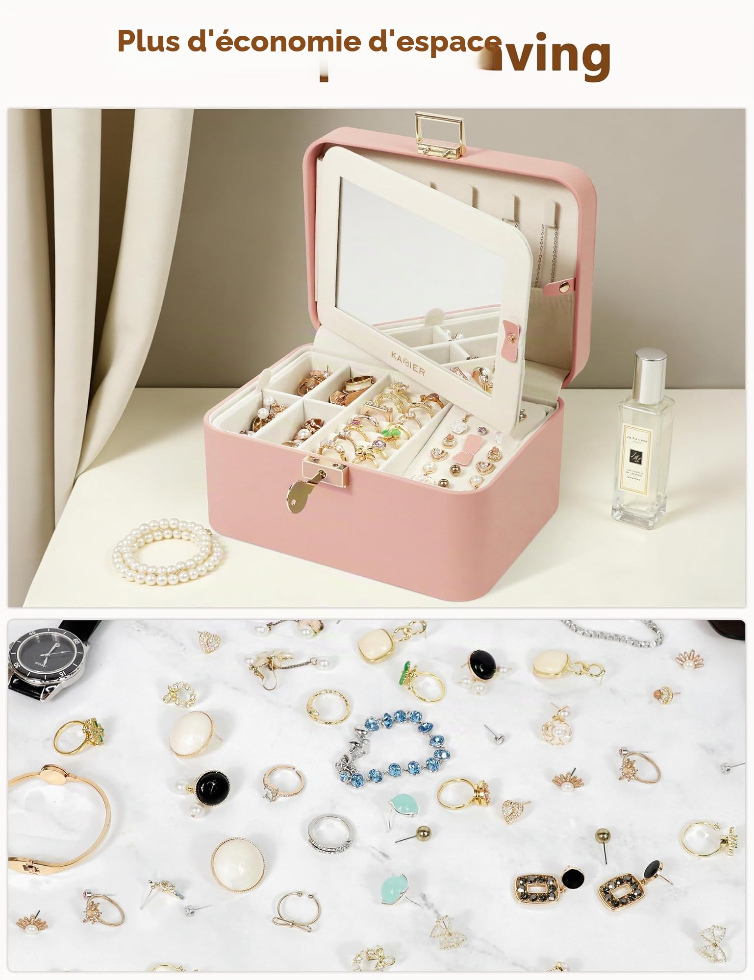 KAMIER Boîte à bijoux pour femme – Organiseur à bijoux à 2 couches, grand organisateur en cuir synthétique, avec serrure et crochets cachés miroir, séparateurs amovibles, rose, fête des mères