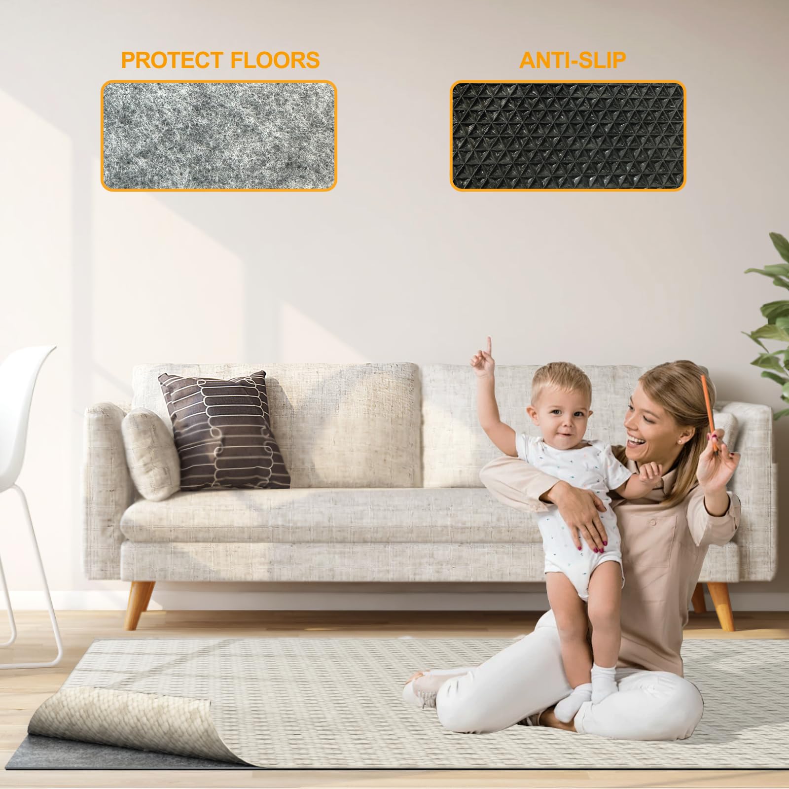 8 x 10 FT Non Slip Felt Rubber Backing Rug Pad, Thick Felt Rug Pads for Hardwood Floors, Underlay Rugs Protective Cushioned Pads for Carpet, Felt and Rubber Underfoot Carpets for Home Place Surface