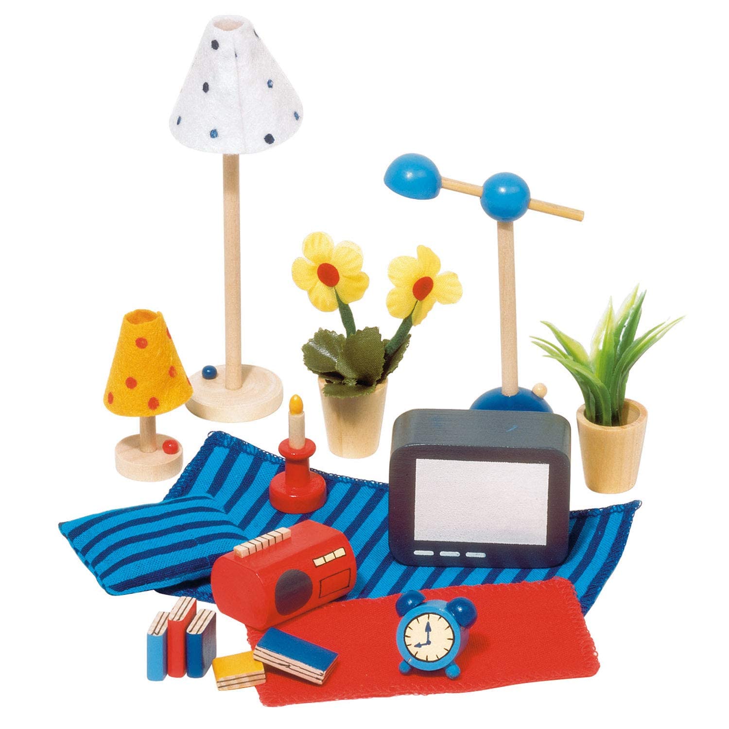 Accessoires Wohn- und Schlafzimmer: Holz und Stoff, für die Puppenhäuser, 17 Teile,per Set