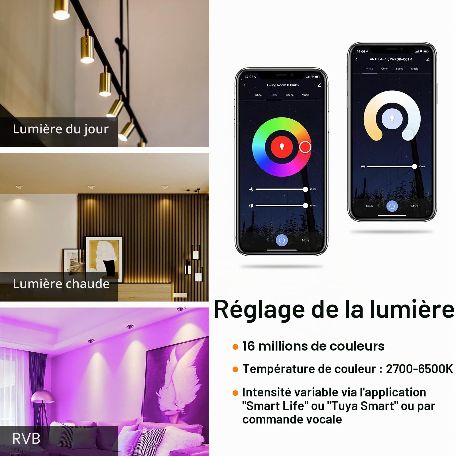 ANTELA Ampoule Connectée WiFi Gu10 4,5W 350 LM LED RGB | Lumière Blanche Chaude/Froide 2700K-6500K Compatible avec Alexa/Google Home, Angle de Faisceau de 40°, 8 PCs
