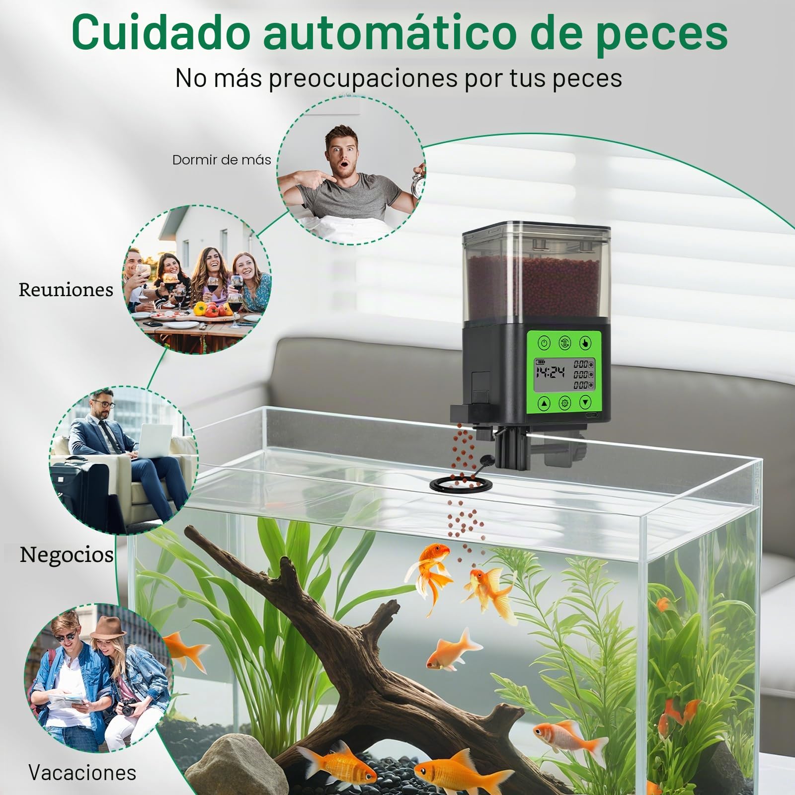 Lychee Dispensador automático de alimentos para peces recargable por USB 320 ml de gran capacidad con pantalla LCD resistente a la humedad con temporizador eléctrico
