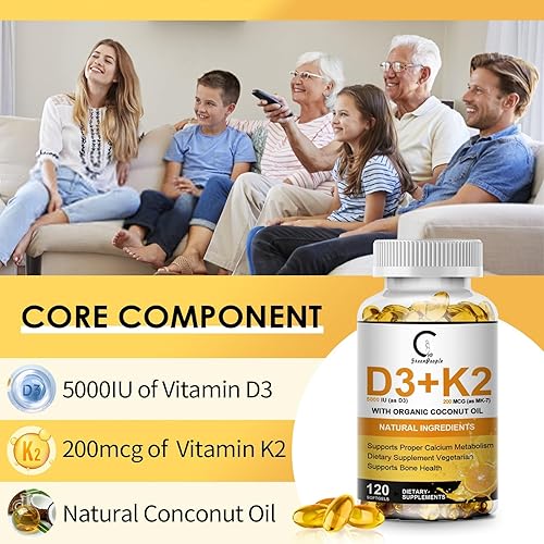 Vista 19 de Suplemento de vitamina D3 K2 con vitamina D3 5000 UI, 200 mcg de vitamina K2 MK-7 y aceite de coco natural, fórmula 2-1 a base de plantas para apoyo
