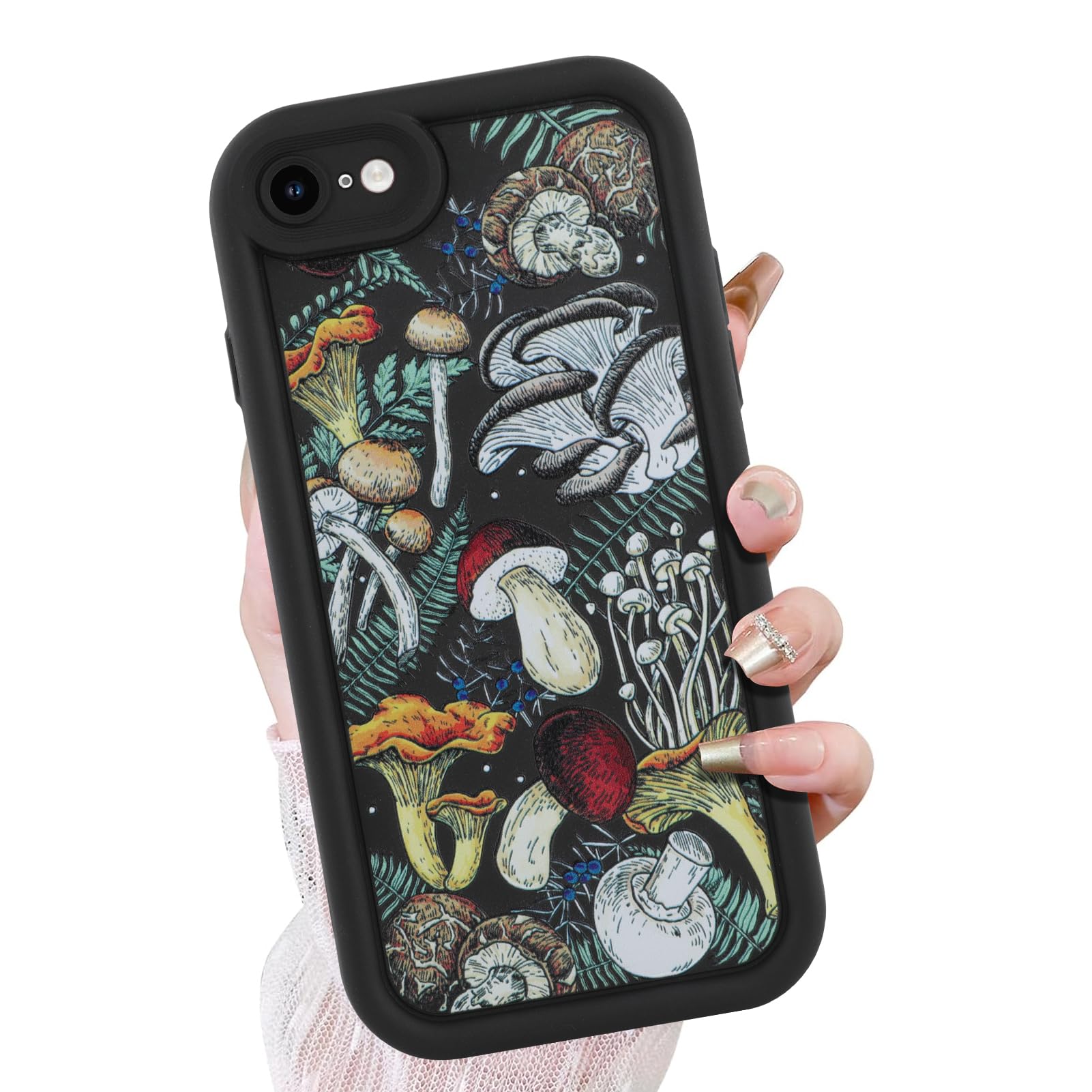 KANGHAR Black Case for iPhone 7/8/SE Case, Cute Mushroom Art Design Soft TPU Shockproof Protective for Women Girls Slim Phone Cover