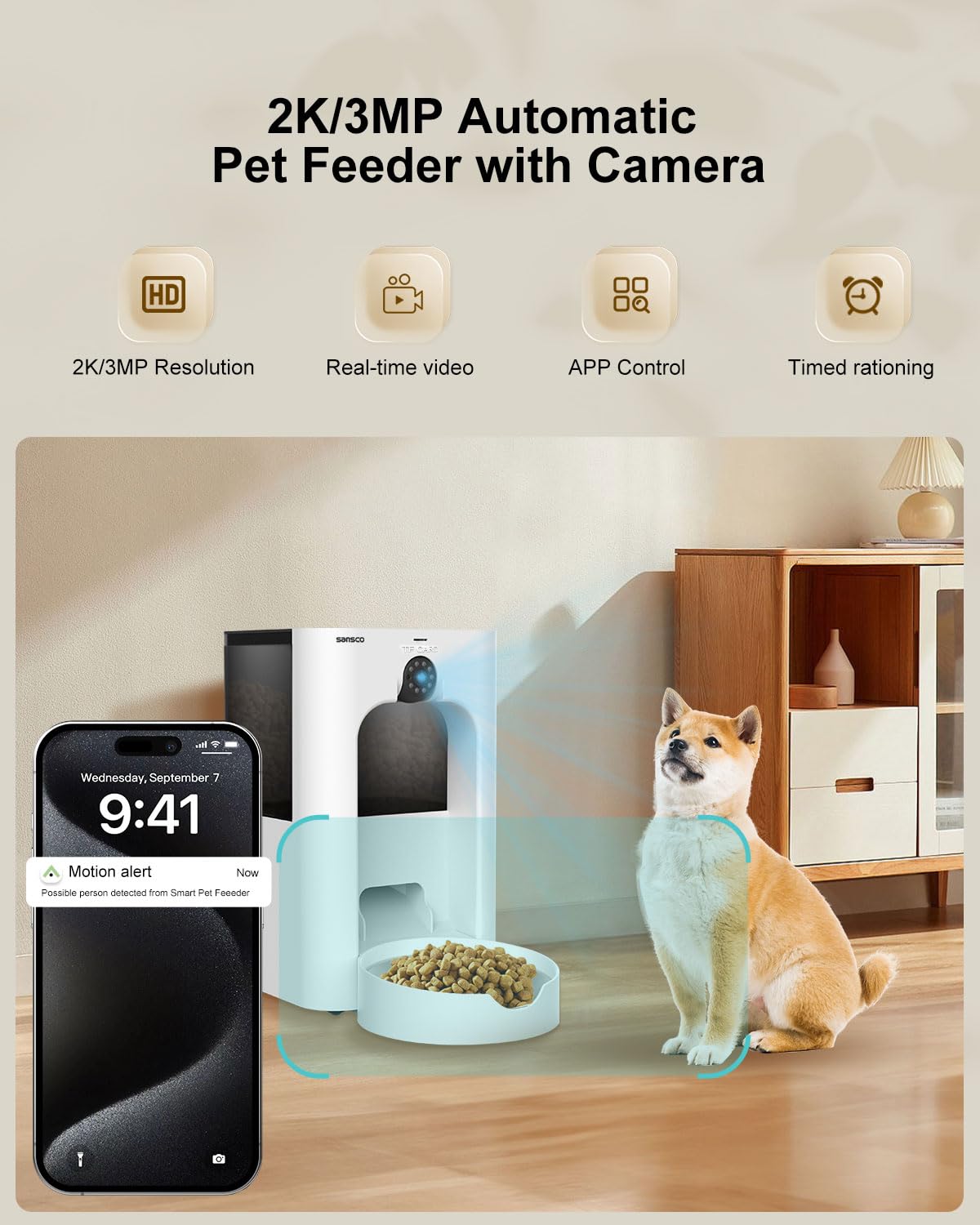 SANSCO Automatic Cat Feeder with Camera: Automatic Dog Feeder, 2K 3MP Video Recording Timed 2.4 & 5GHz WiFi App Control Pet Feeder Dispenser for Cat Dog, Rotates Up and Down, 4L - image 2