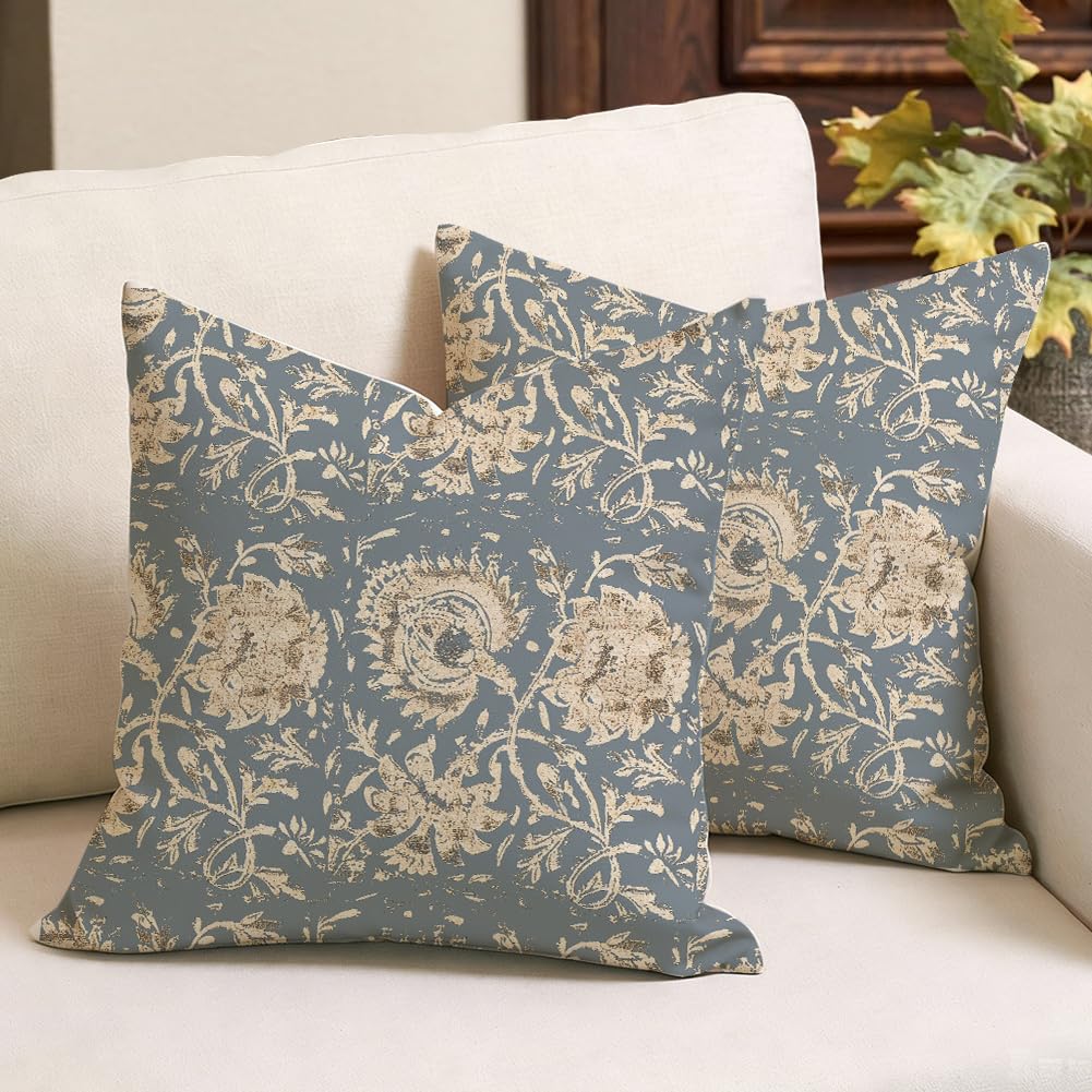 RABUSOFA Himmelblau Künstlerische Blumen Kissenbezug 45x45 2er Set Kissen Modern Wohnzimmer Deko Outdoor Couchkissen Sofakissen für Garten Sofa Decorations Indoor Baumwolle Leinen