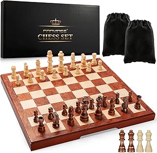 Chess Set Wooden Board Games 38cm Travel Staunton Handmade Folding Wood with Interior Storage 2 Extra Queens for Kids Adults