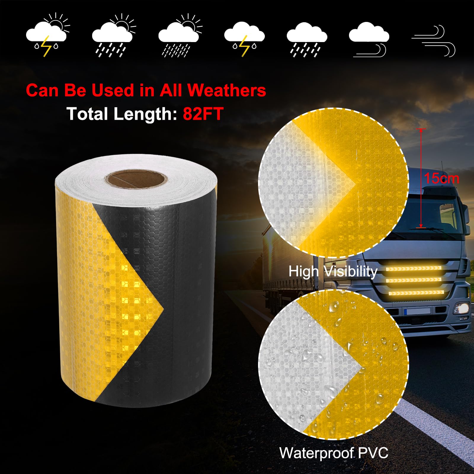 QUARKZMAN 6 Pulgadas x 82 Pies Cinta Reflectora Impermeable Amarillo-Negro | Para Remolques, Cinta Reflectante Nocturna, Adhesivo De Seguridad Advertencia, Con Flecha, Cinta Reflectante