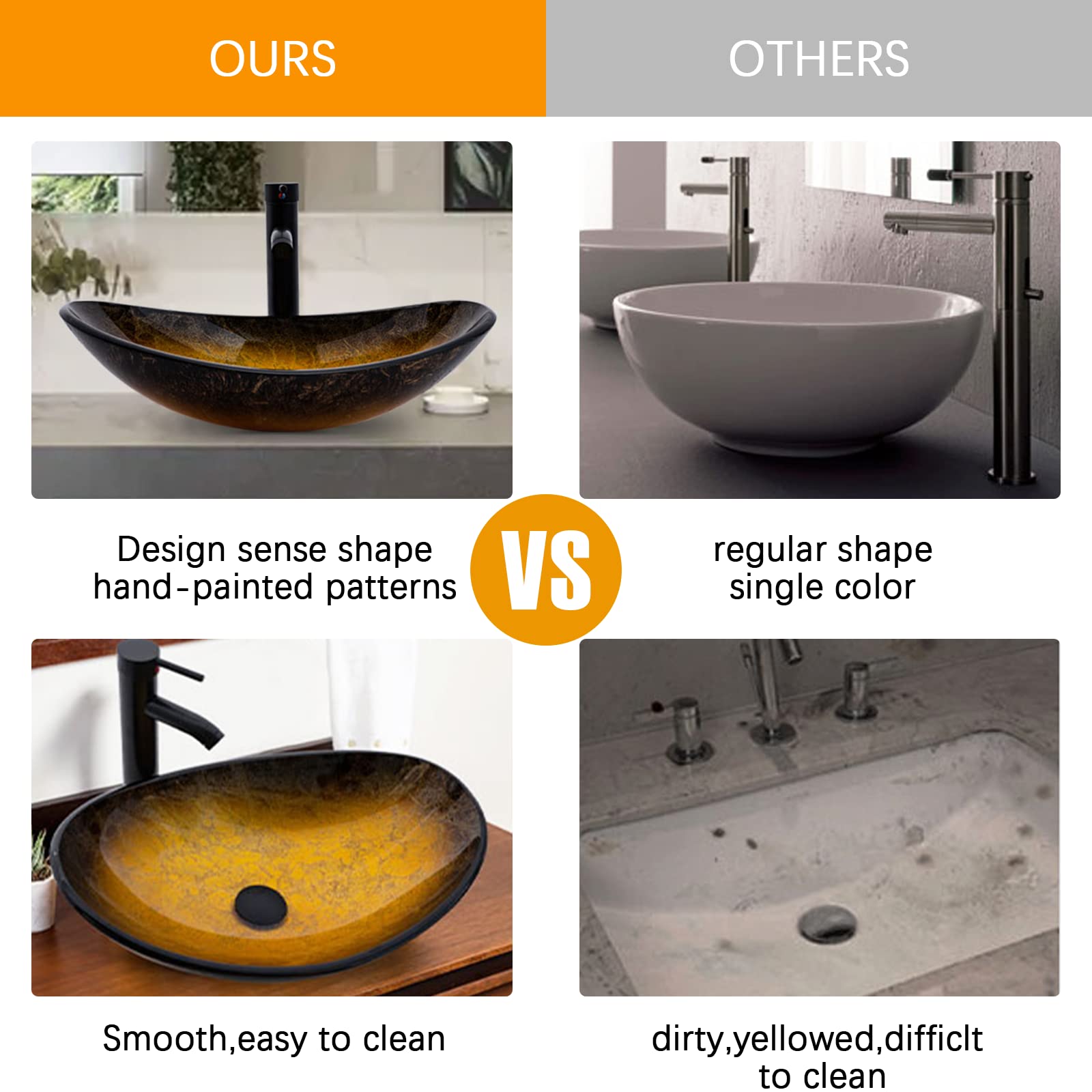 YIMAI Ingenuity Vessel Sink 20.8"x13.7" Bathroom Sinks with Faucet Combo Tempered Glass Art Basin Round Bowl, 20202Aï¼ˆGoldï¼‰