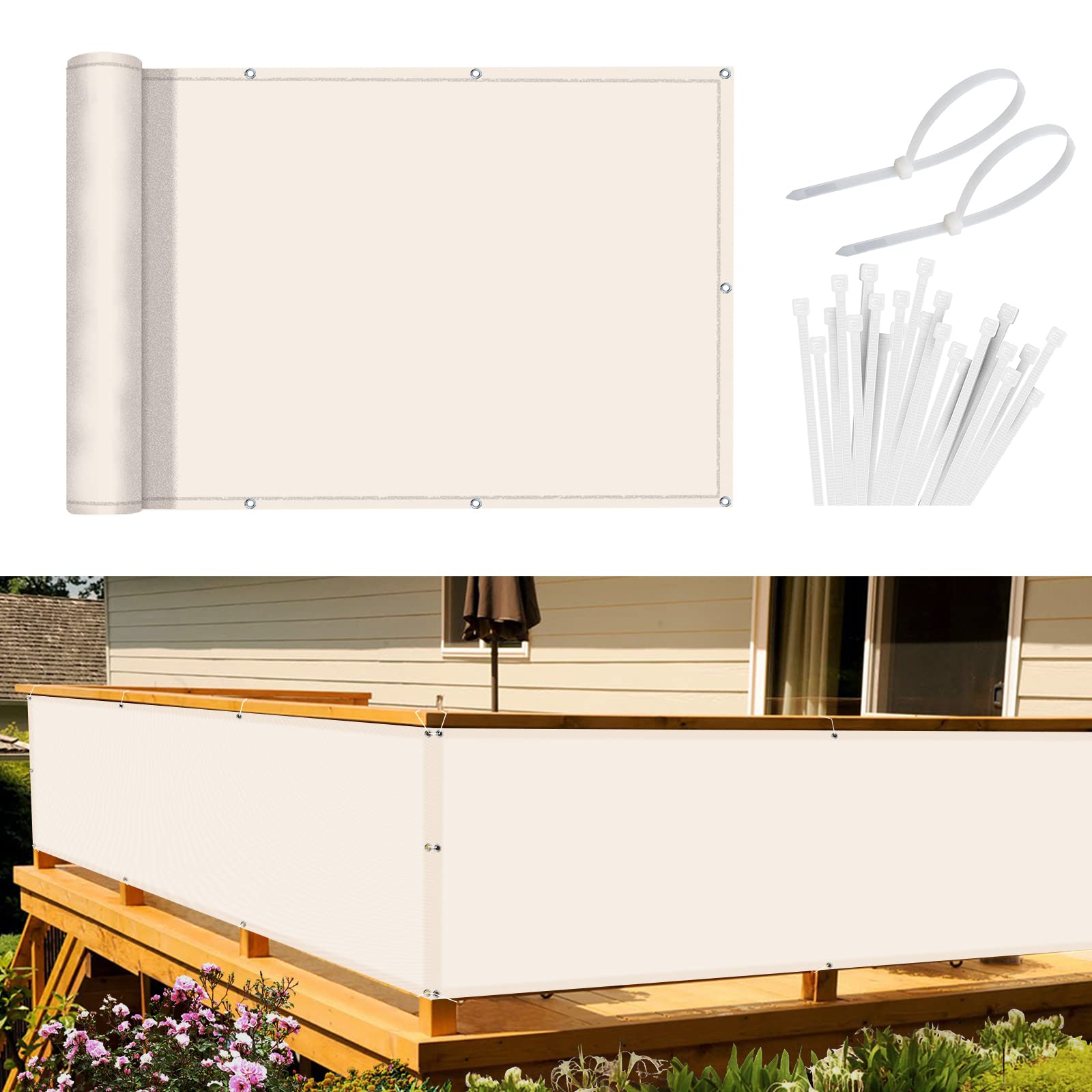 Sunnylaxx Balcony Privacy Screen 75x500 cm Fence Screen for Balcony and Patio,Balcony Cover, PES(170g/㎡) Water-Repellent Wind Protection, with Rope and Aluminium Eyelets Cream