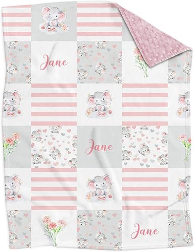 Mantas personalizadas de elefantes florales de minky rosa con nombre, mantas de diseño de patchwork personalizadas para niñas y niños, regalos de
