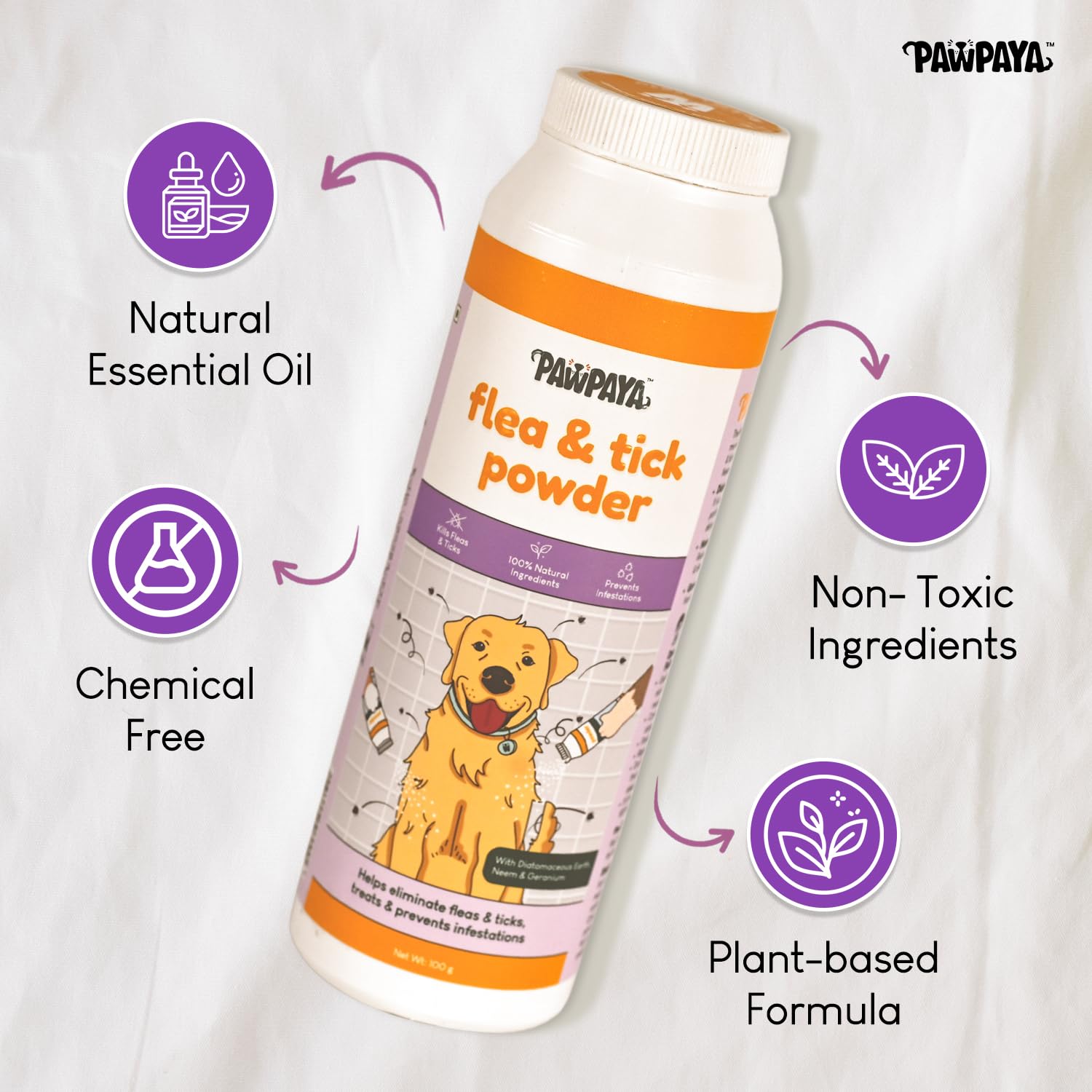 Pawpaya Flea & Tick Control Powder | Neem-Based Protection for Dogs & Cats | Reduces Itching & Skin Irritation | Safe, Non-Toxic | 100g 1