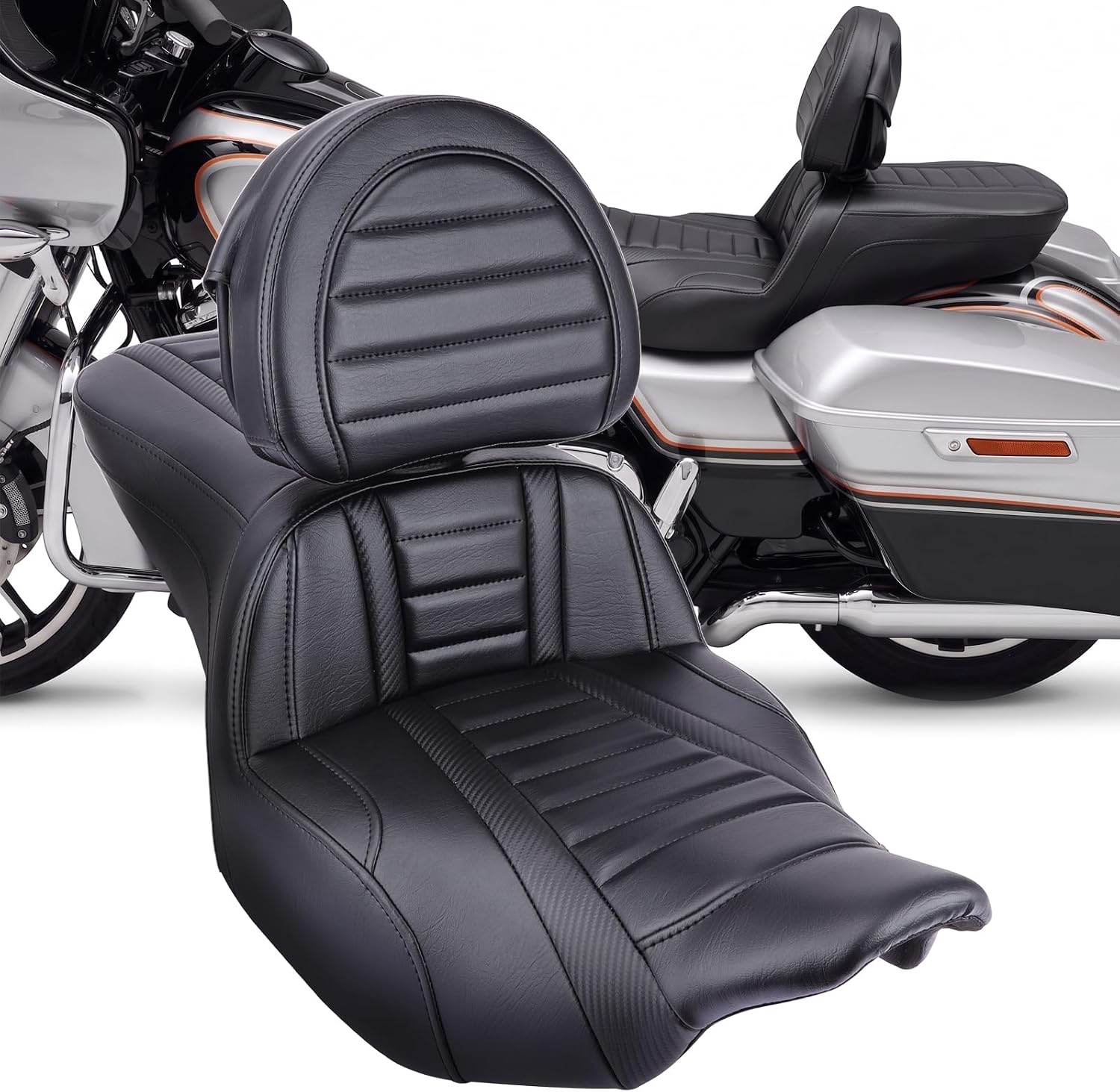 Low-Profile Rider Passenger Gel Seat with Adjustable Driver Backrest for Harley Touring Road Glide/Street Glide 2024-2026, CVO Road Glide/CVO Street Glide 2023.5+ (Black Horizontal Stripes)