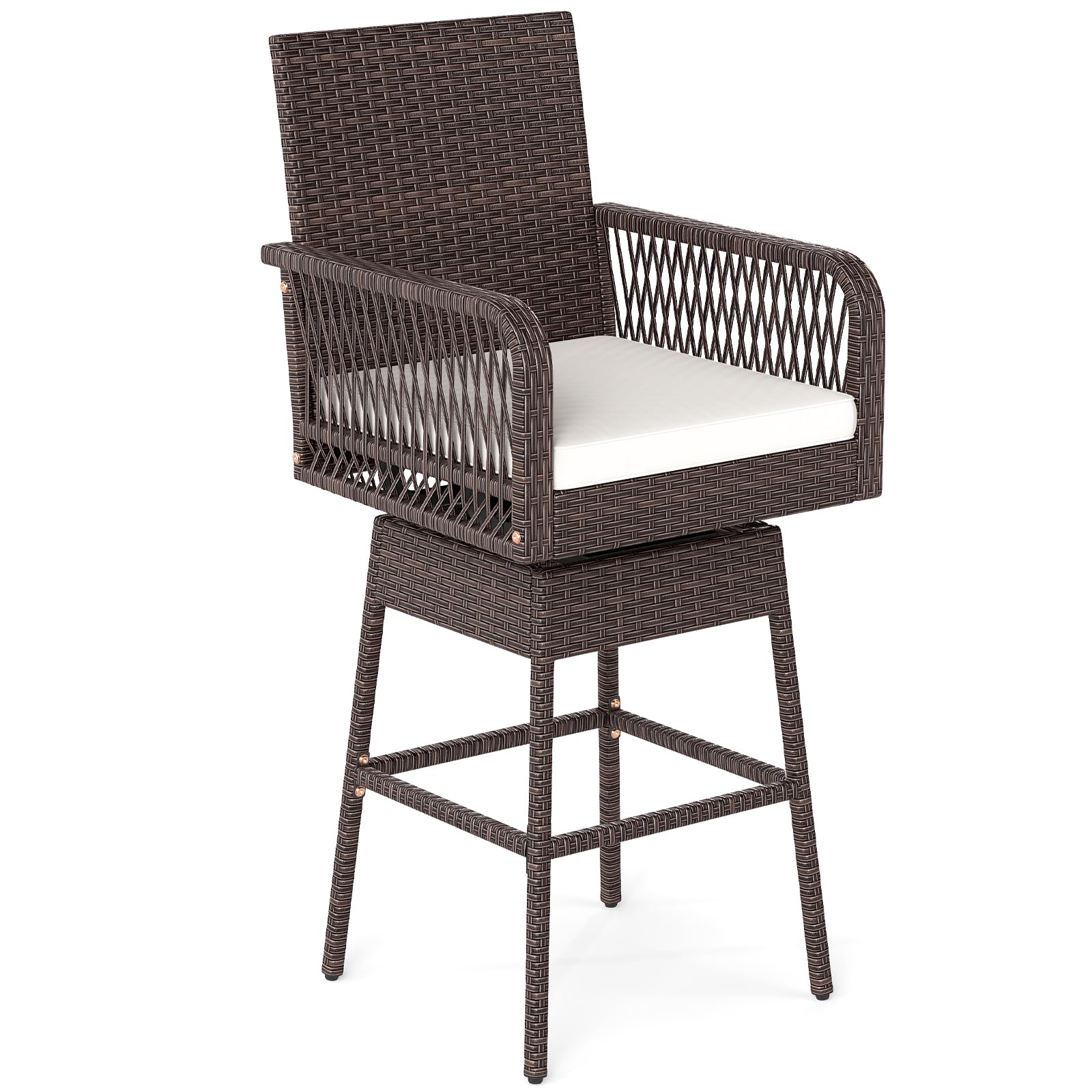 PATIJOY  Patio 360° Swivel Bar Stool, 29" Bar Height Wicker Chair with Cross-Woven Armrests, Footrest & Seat Cushion, Outdoor Metal Frame Barstool for Backyard, Porch, Poolside (1,Off White)