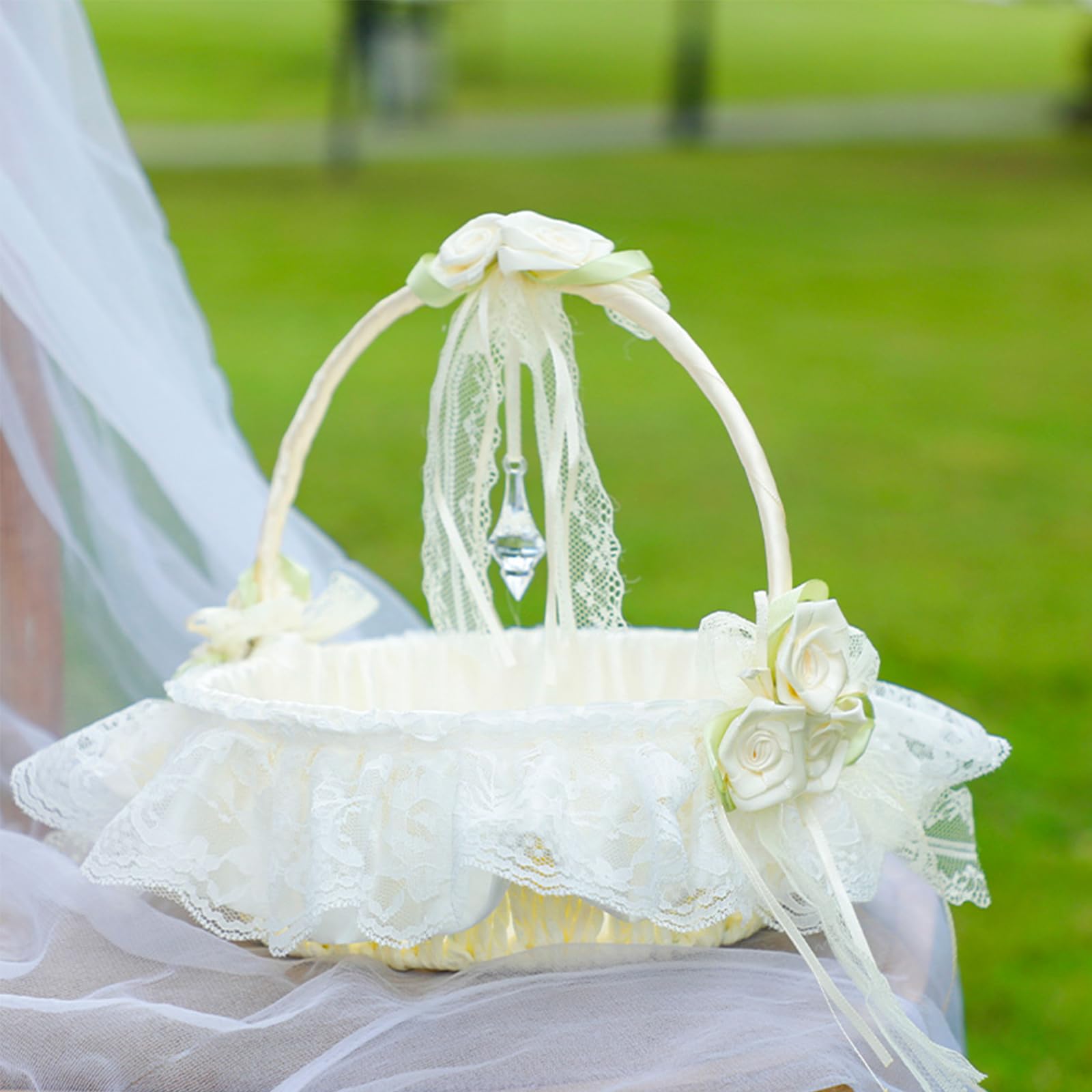 Flower Baskets for Wedding Fairy Lace Bowknot Wedding Flower Basket with Foldable Handle Satin Rose Artificial Crystal Decorative Baskets for Home
