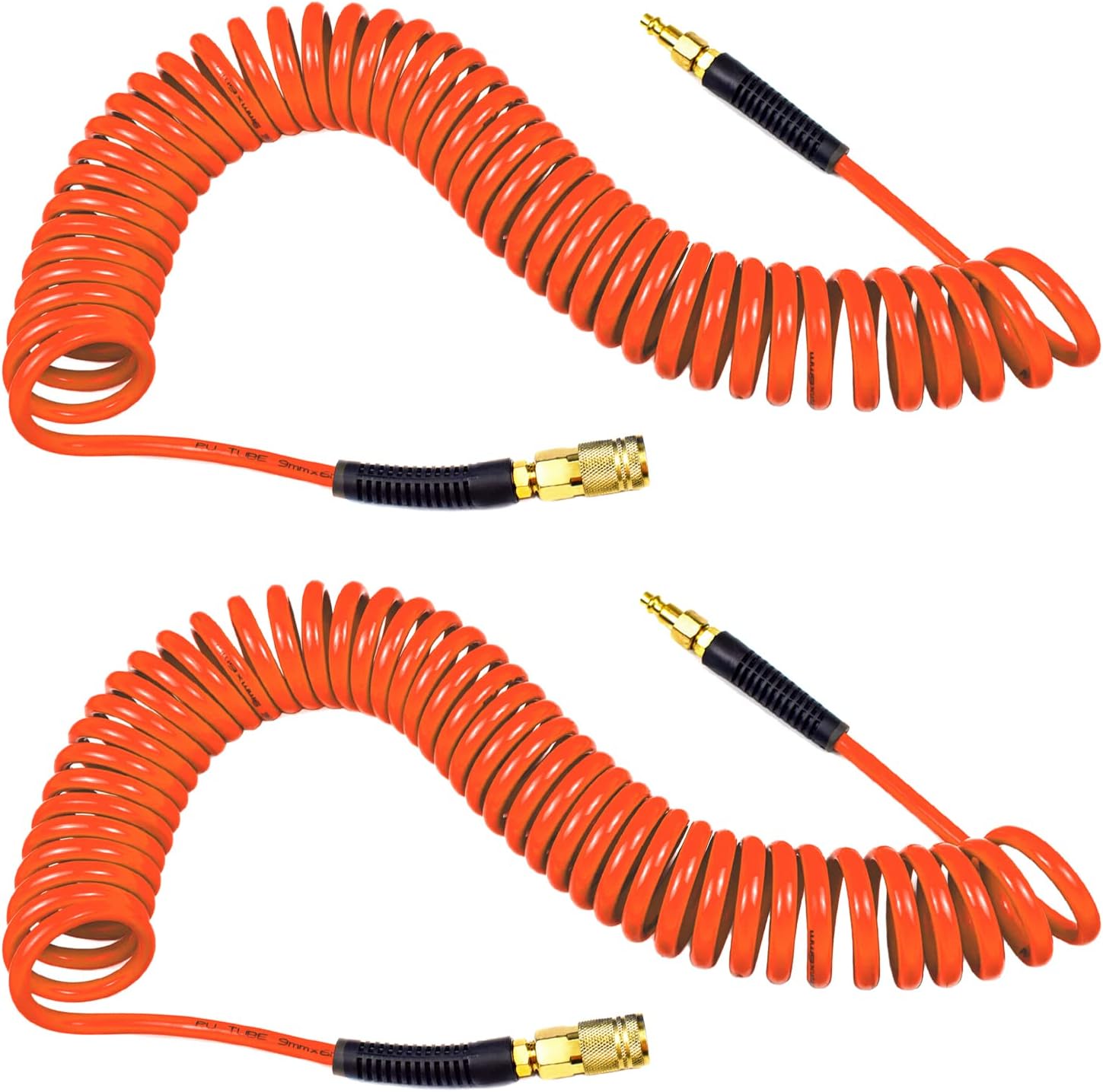YOTOO 2 Pack Polyurethane Recoil Air Hose, Air Compressor Hose 1/4" Inner Diameter by 25' Long with Bend Restrictor, 1/4" Industrial Quick Coupler and Plug, Orange