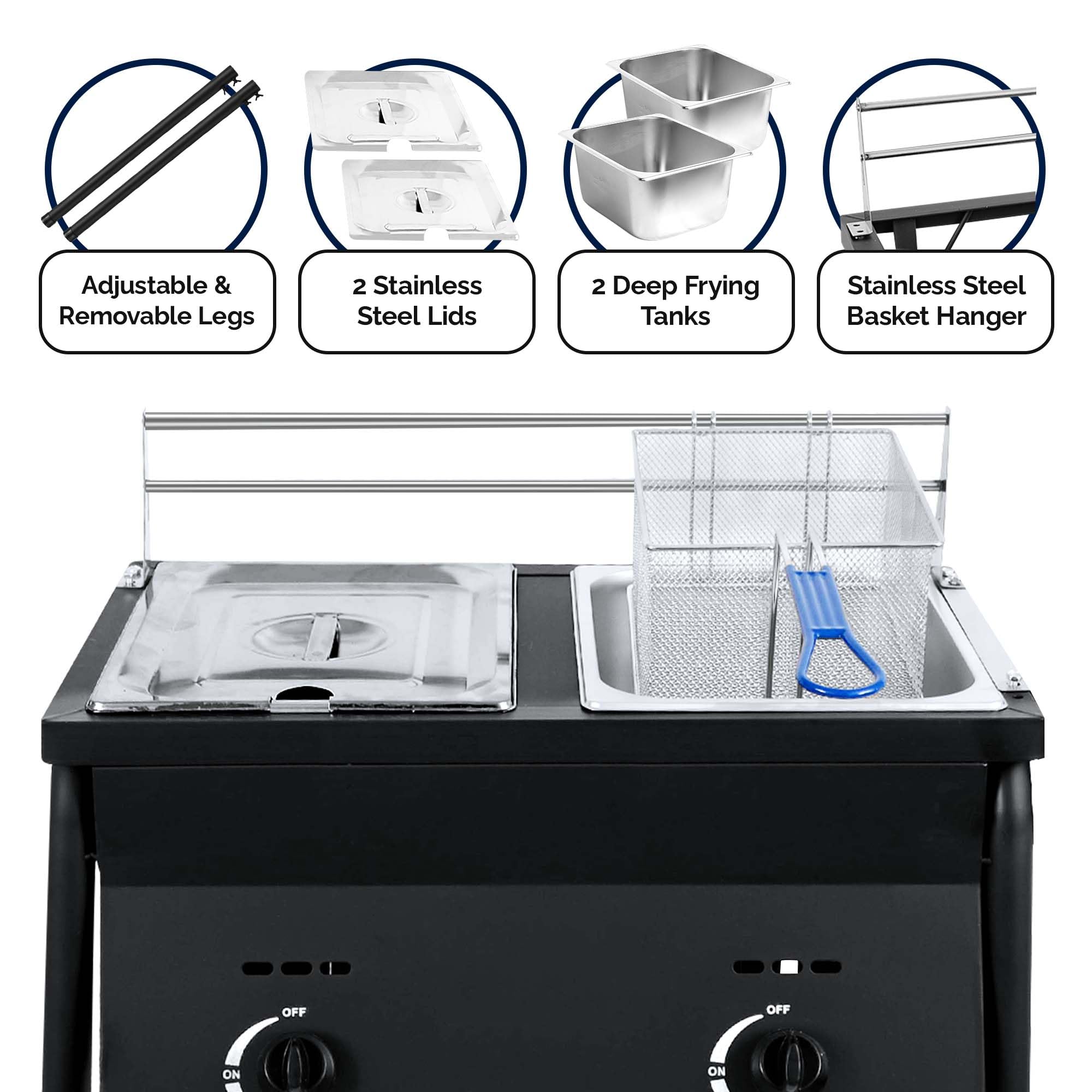 Lifevio Cast Iron Black Outdoor Deep Fryer | Commercial Deep Fryer with 2 Stainless Steel Basket & Lids | Adjustable Temperature Gas Fryer with Regulating Knobs | Large Oil Tanks Capacity