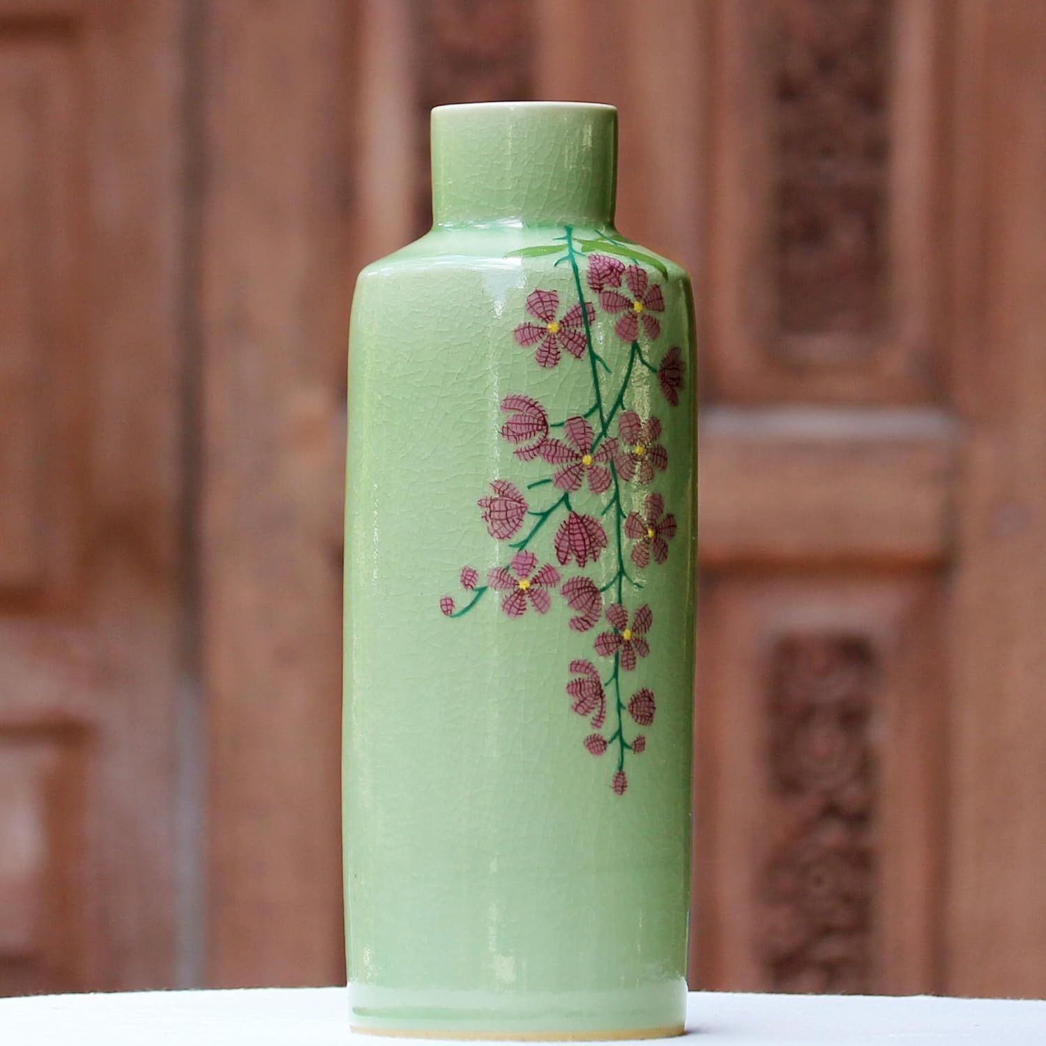 NOVICA Decorative Celadon Ceramic Vase, Green and Pink, 'Around The Garden'