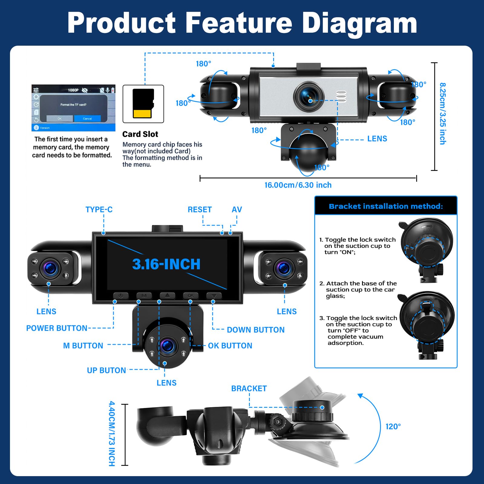 NHOPEEW Dash Cam 1080P, 3,16", 5 Canali, Registrazione Ciclo | Dashcam Auto Supporto Registrazione 24h, Modalità Multiple, Display Retromarcia, Grandangolo + Scheda SD 64GB