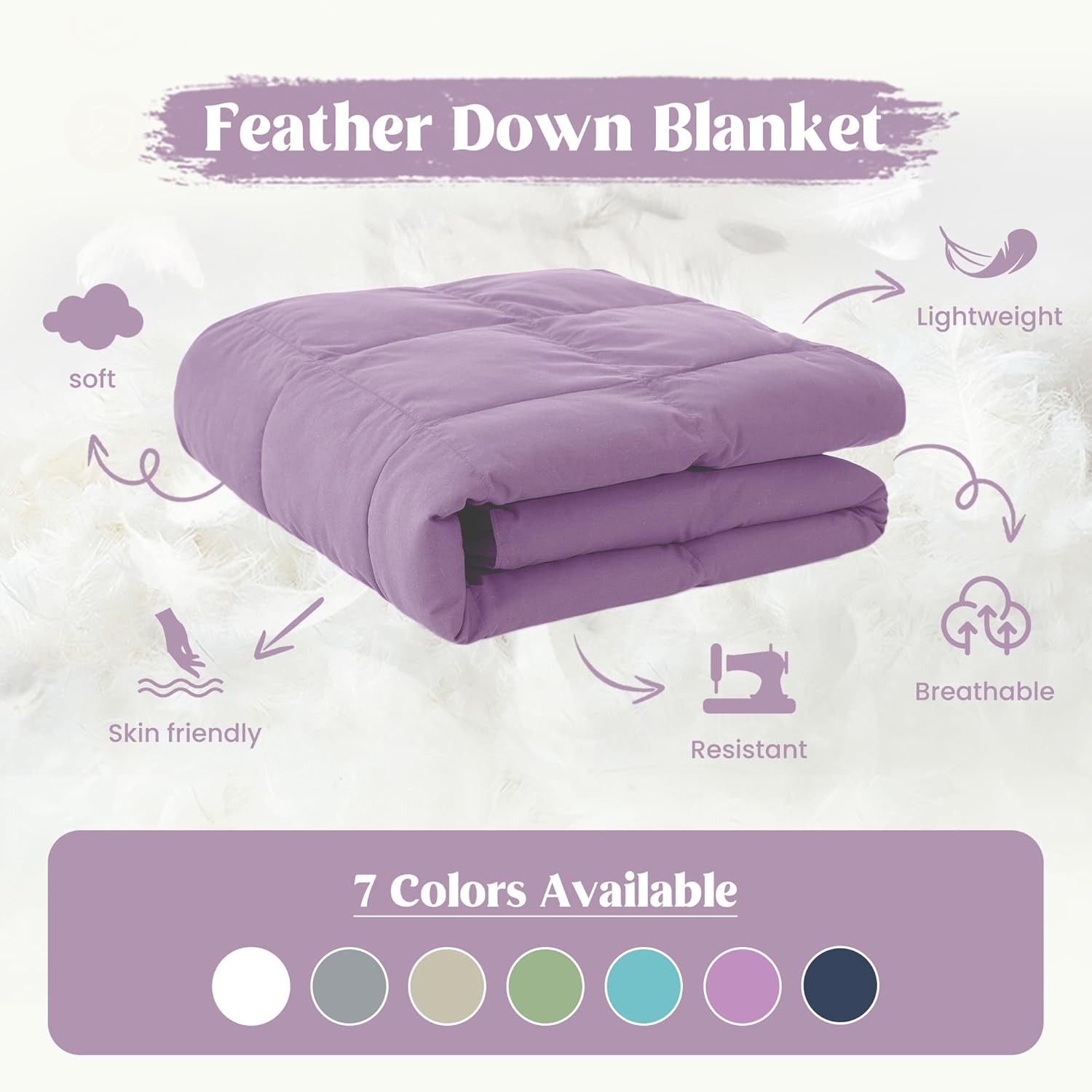 puredown® Soft Feather Down Blanket Lightweight Packable Down & Feather Fill Blanket for Indoor and Outdoor Use, Queen Size Blankets, 88"X90", Lavender - Image 4