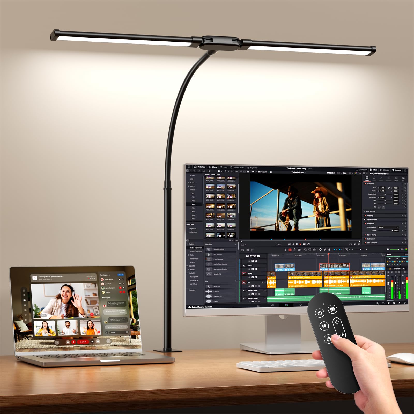 SKYLEO LED Desk Lamp with Clamp - Double Head Desk Light with Remote and Touch - Eye Protection - 12 W, 5 Color Modes, Timer and Memory Function, Flexible Gooseneck - for Office, Reading - Black