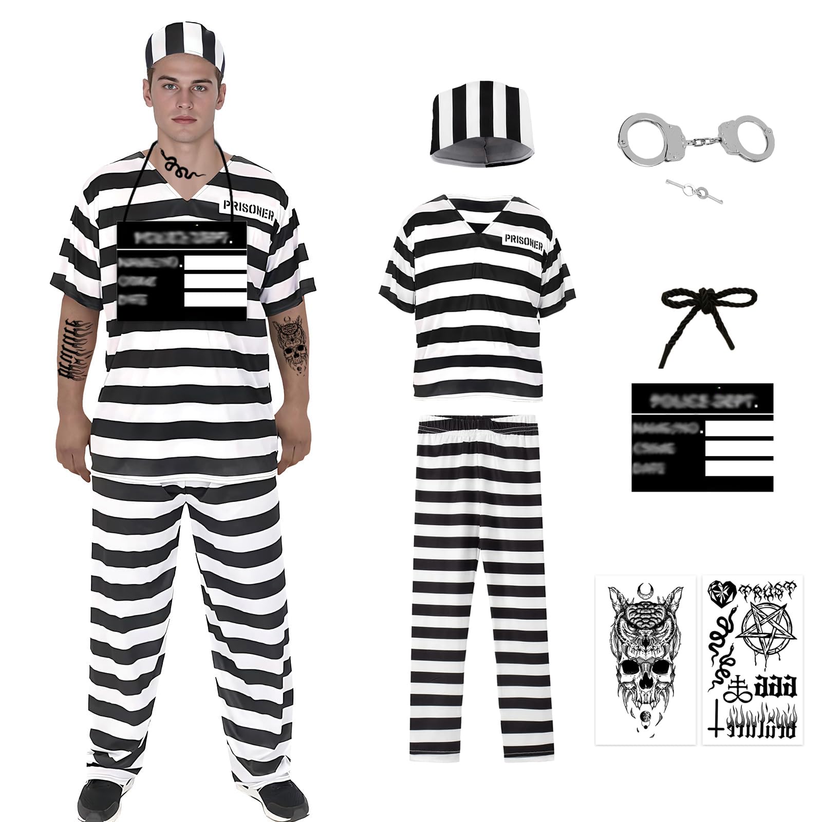 Makoike 7Pcs Prisoner Costume Mens Jail Black White Striped Inmate Costume Convict Uniform Halloween Robber Outfits